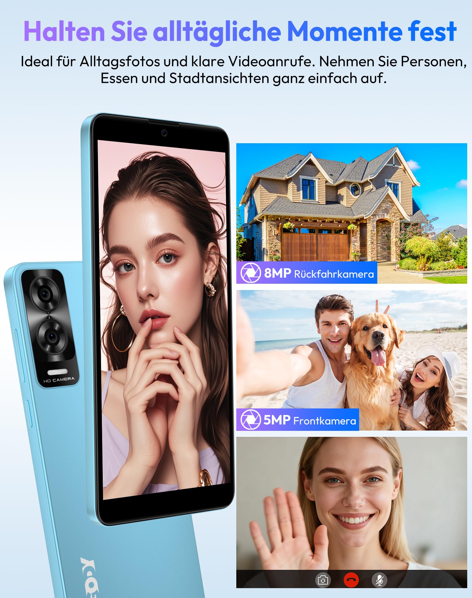 XGODY X33 Smartphone Ohne Vertrag, 6 Zoll 4G Dual SIM Günstig Handy, Octa-Core, Android 15 Go, 3GB+32GB/128GB Erweiterbar, 8MP+5MP Kamera, Face ID, GPS, Blau