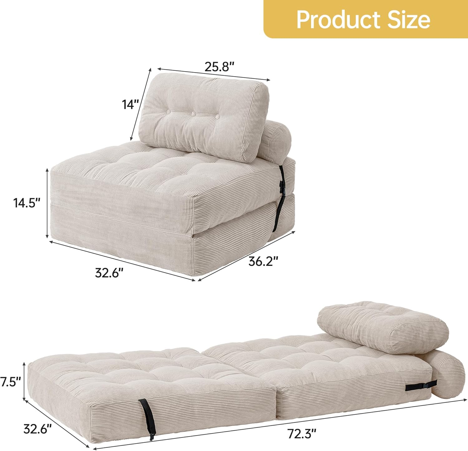 Folding Sofa Bed, Convertible Sleeper Chair Bed, Floor Couch for Adults with Back Support and Pillow, Comfy Floor Sofa Lounge for Small Spaces, Beige