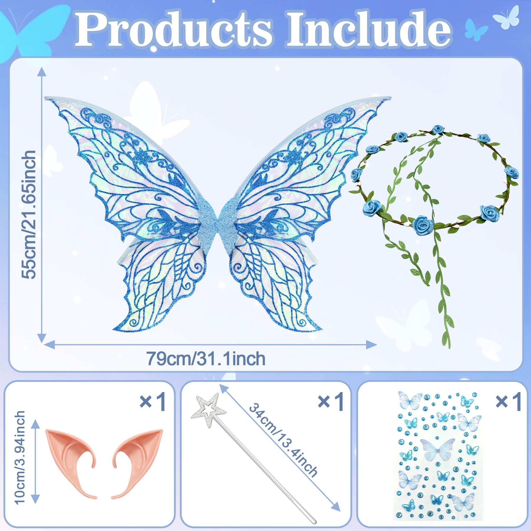 YeahBoom Children's fairy wings, butterfly wings with elf ears, fairy headband and star fairy wands, butterfly wings - Image 2