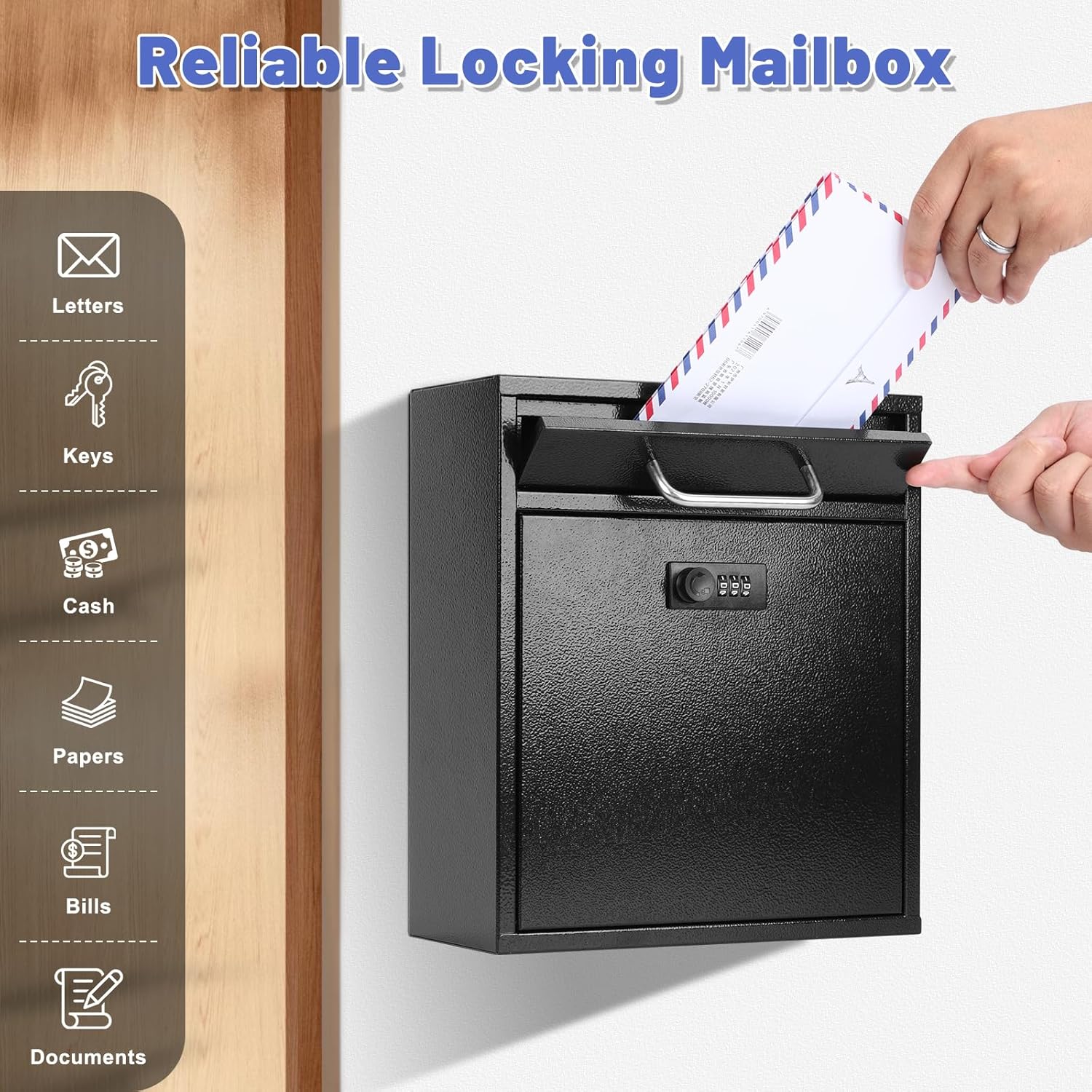 KYODOLED Steel Combination Lock Mail Boxes Outdoor, Locking Wall Mount Mailbox, Security Key Drop Box, 12H x 10.5L x 4.6W Inches, Black Large