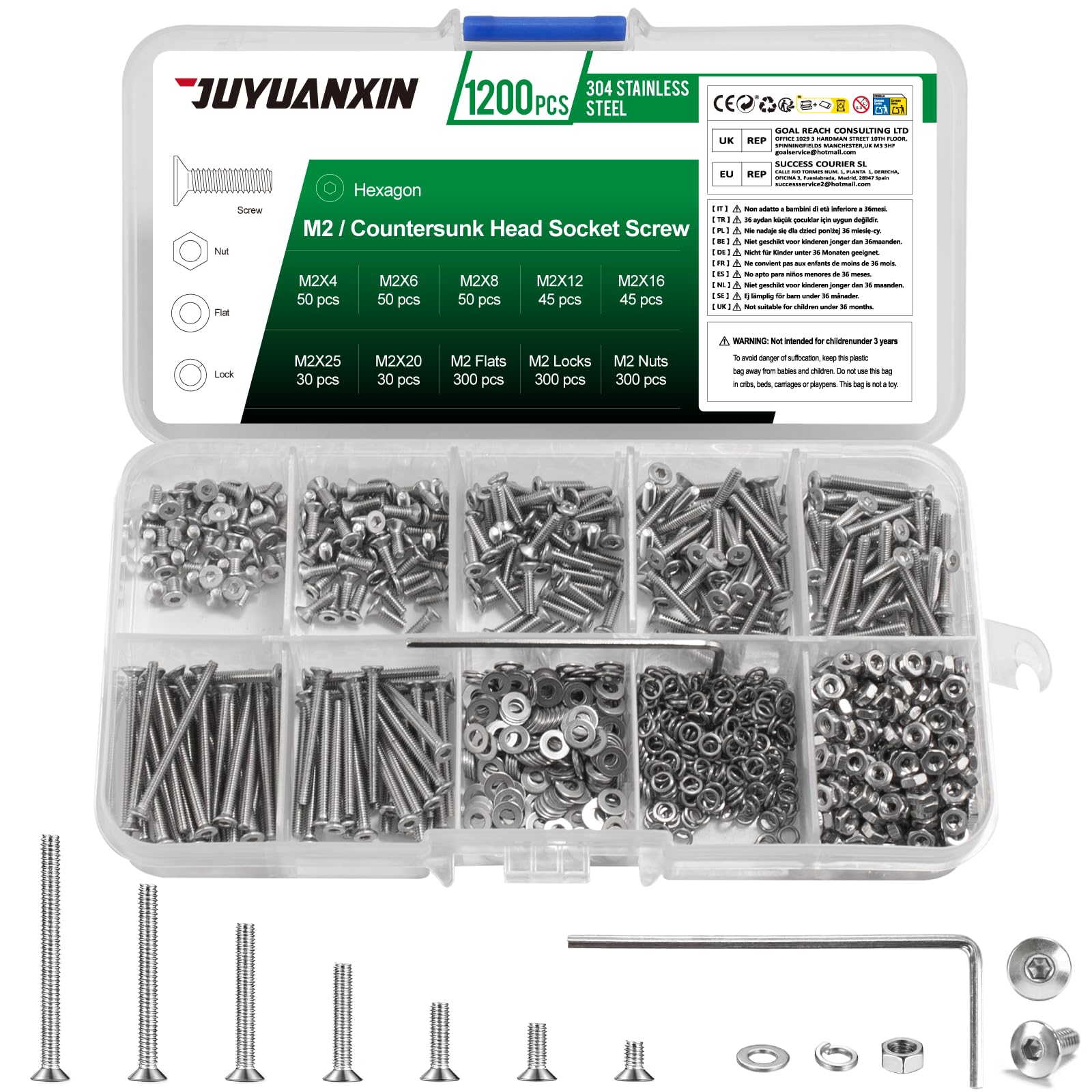 1200 Pcs M2 Countersunk Bolts and Nuts Sets, Flat Head Hex Socket Head Cap Screws Assortment Kit, Stainless Steel Countersunk Machine Screws Assorted Nuts and Bolts with Washers