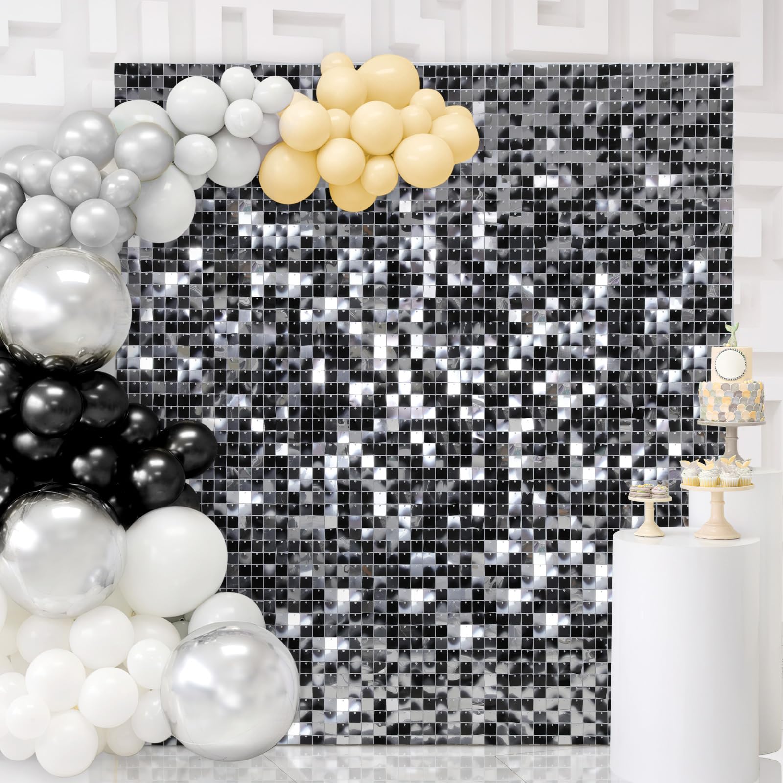 B-COOL Shimmer Wall Backdrop 30Pack Black Silver Sequin Backdrop Panels for Party Backdrop Parties Silver Glitter Birthday Backdrops Sheets 6FTx5FT