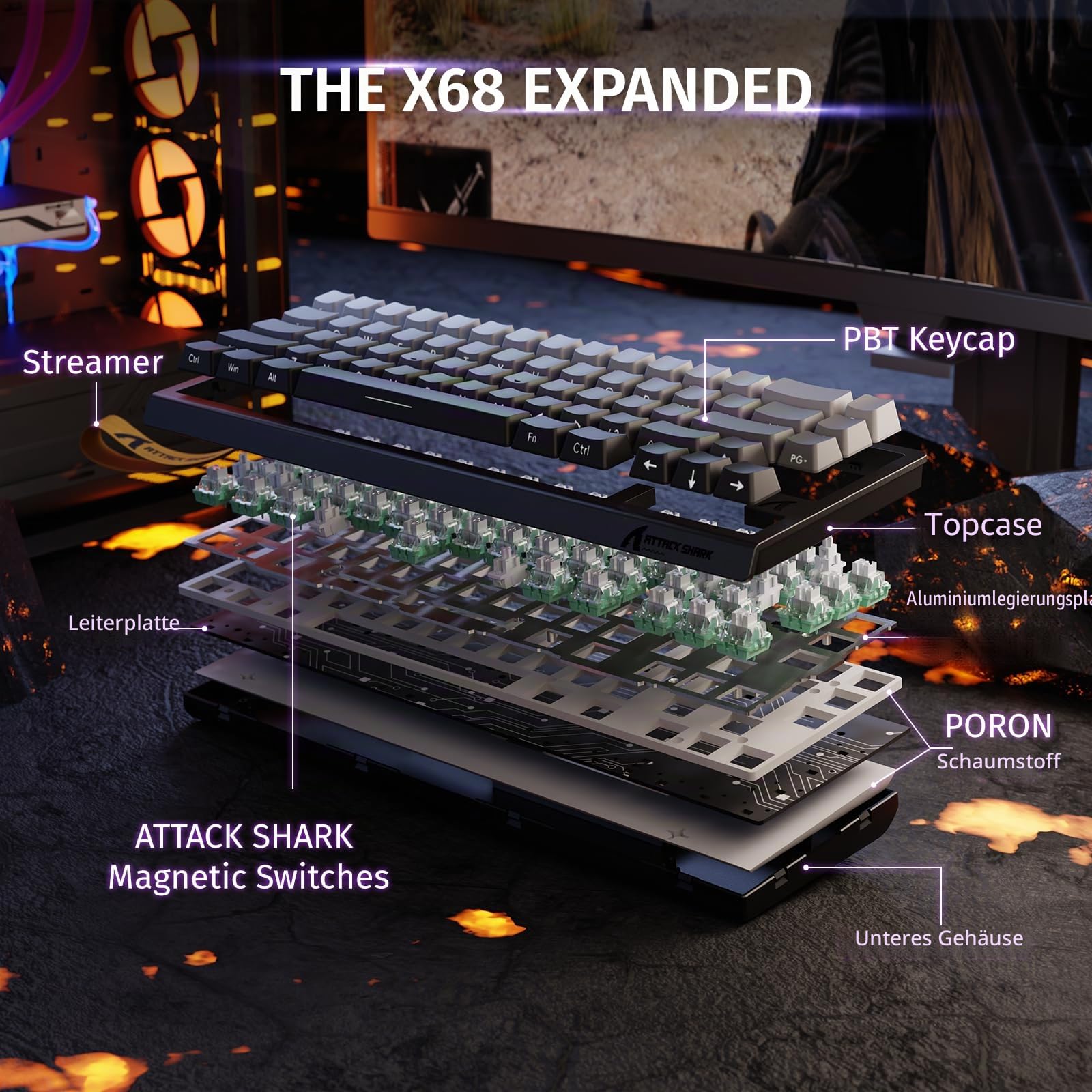 MAMBASNAKE Attack Shark X68 HE Rapid Trigger-Tastatur & R1-Maus & 8KHz-Spiralkabel Kombinationen, 0.01mm RT Accuracy, 8KHz Wired Magnetische Tastatur, R1 Kabellose Gaming-Maus, für PC/Mac–Mondnacht