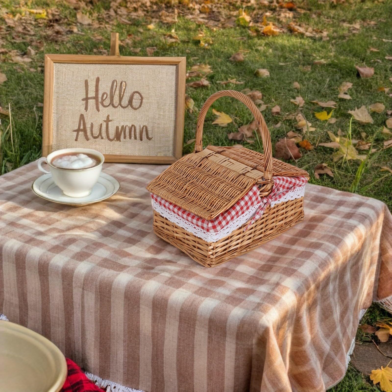 Cesta de Picnic de Mimbre con Asa y Forro Extraíble, 29x20x12 Cm