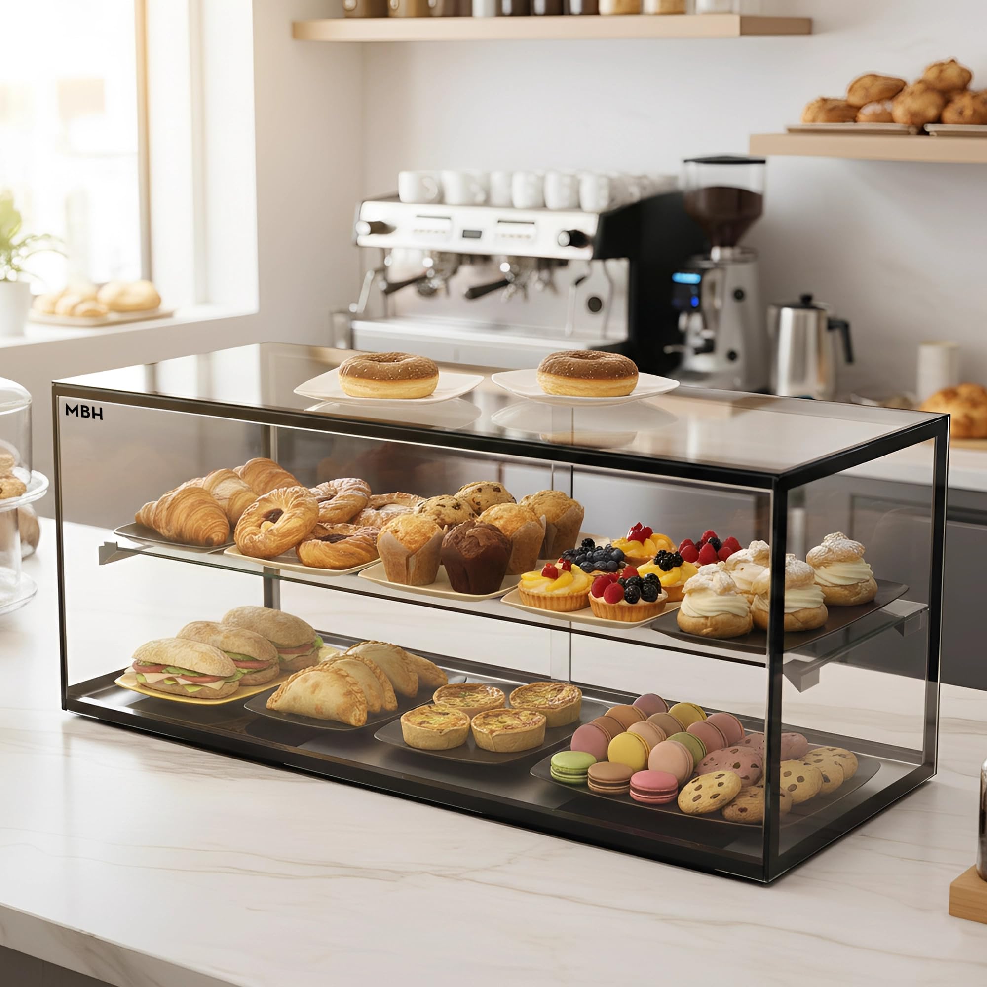 MBH - Vitrina Expositora Neutra de Sobremostrador 92x39 cm, Cristal Recto Templado, 2 Pisos, sin Iluminación LED, Puertas Traseras Correderas, para Bar, Cafetería, Restaurante, Bollería y Repostería.