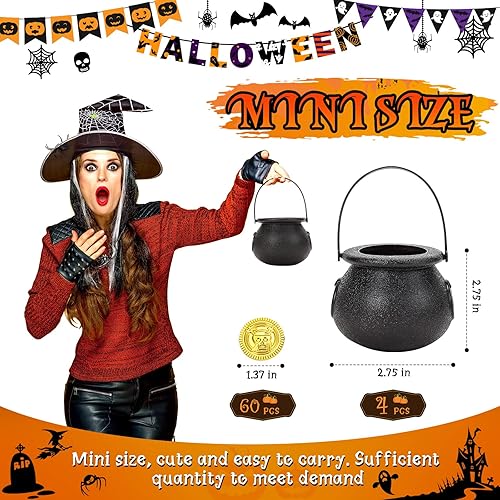 Miniatura 2 de Juego de 64 calderos de bruja de Halloween, 4 calderos pequeños de plástico negro con 60 monedas doradas, recipiente con asa para fiesta de magos,