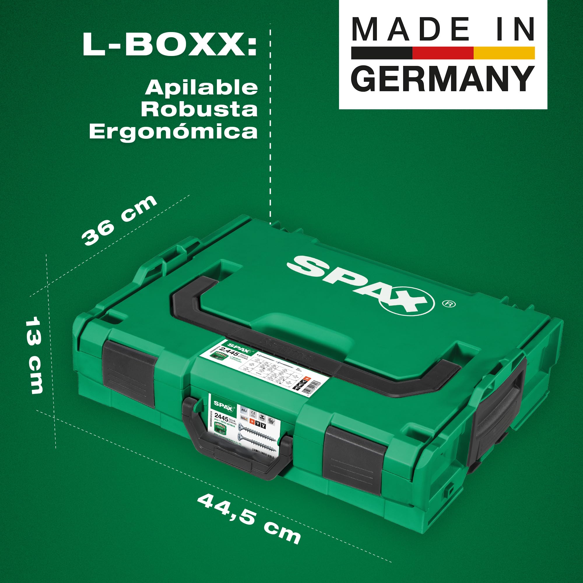 SPAX L-BOXX Maletín con 2.445 Tornillos para Madera, T-STAR plus, WIROX | Juego de 16 medidas en maleta robusta con BITBOX, guantes de trabajo y recubrimiento WIROX para uniones de madera.