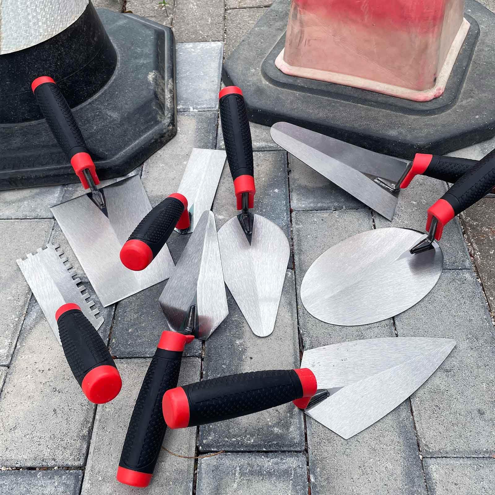 Juego de 8 herramientas de mano para mampostería, 3 palas de ladrillo, 3 paletas de margen, paleta de calibre de 7 pulgadas y paleta de cubo de 7 pulgadas, herramienta manual de albañilería