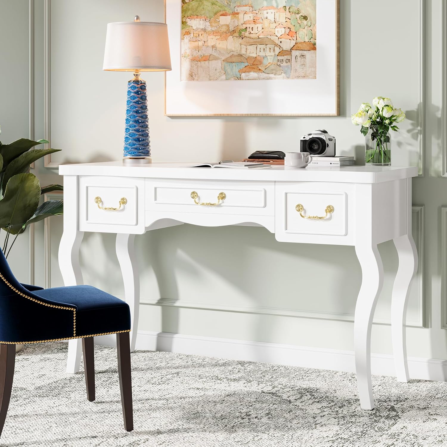 Tribesigns Escritorio para computadora con 3 cajones, escritorio blanco de oficina en casa de 47 pulgadas con almacenamiento, mesa de estudio de