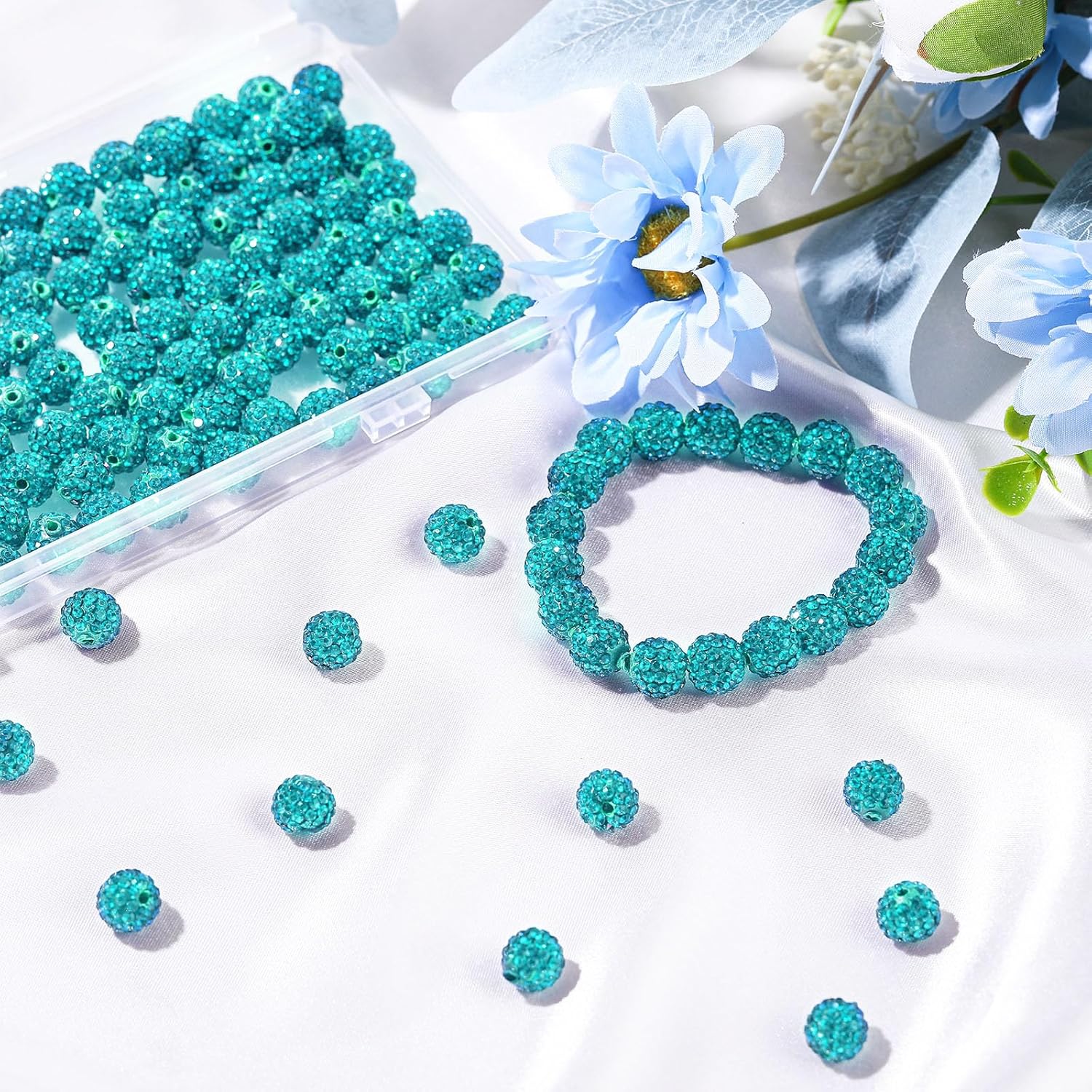 Hicarer 120 Pcs Rhinestone Beads for Bracelets Pen Making 10mm Shiny Crystal Diamond Clay Disco Ball Polymer Round Bead Bulk for Crafting Jewelry DIY Bracelet Necklace(Lake Blue) - Image 5
