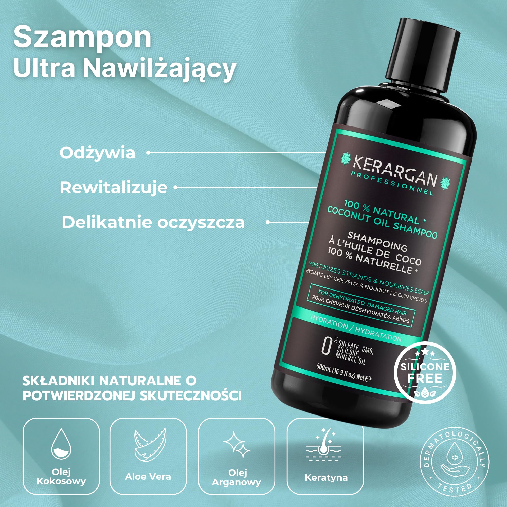 Kerargan - Zestaw Nawilżający Szampon, Odżywka, Maska i Serum z Olejem Kokosowym - Kompleksowa Pielęgnacja dla Włosów Odwodnionych, Zniszczonych - Bez Sulfatów, GMO, Silikonu - 3x500 ml + 100ml