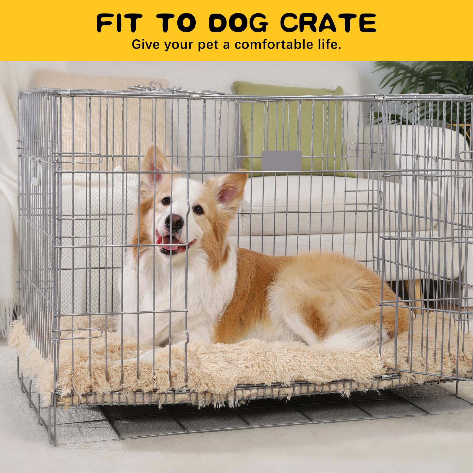 WAYIMPRESS Washable Dog Bed Crate Pad Mat for Large Medium Dogs,Fulffy Faux Fur Kennel Pad Comfy Self Warming Non-Slip Pet Bed for Cat Sleeping and Anti Anxiety (41x27 Inch, Camel)