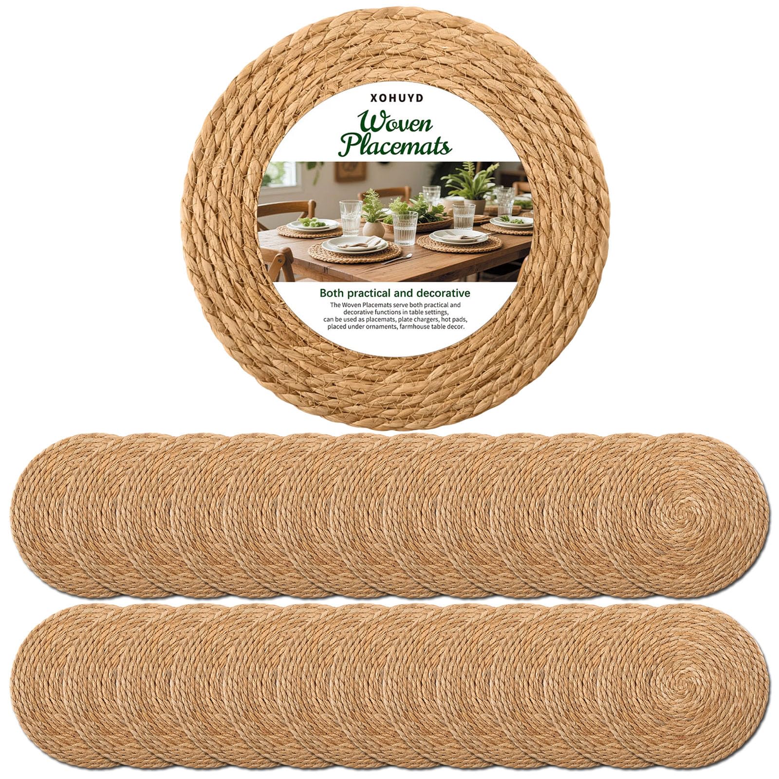 Photo 1 of 13 Inch Round Woven Placemats Set of 24, Boho Farmhouse Rustic Rattan Wicker Braided Chargers for Dining Table, Water Hyacinth Jute Place Mats for Dinner Plates, Outdoor Patio & Wedding Decor