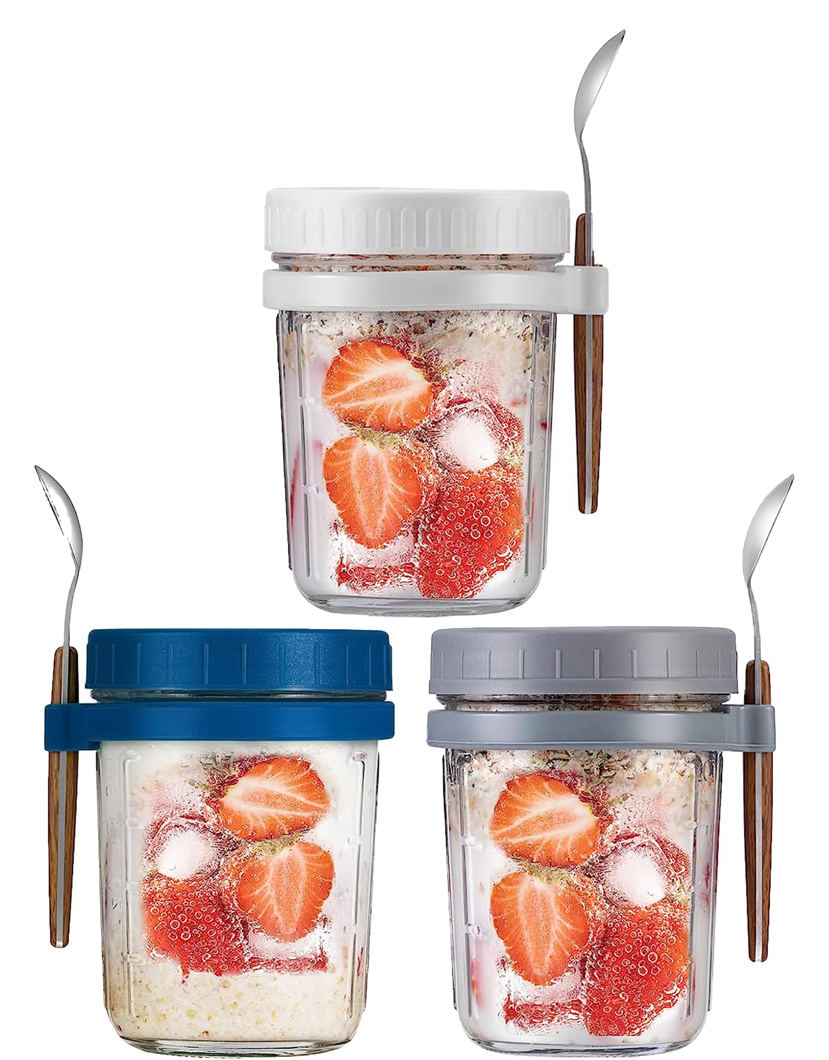 MAMATOONS 3 Pack Overnight Oats Jars With Spoons & Lids, 350ml Capacity with Measurement Marks Mason Jars for Breakfast Oatmeal Yogurt Cereal Milk Fruit & Vegetable Salad Leak-Proof Glass Storage Jars