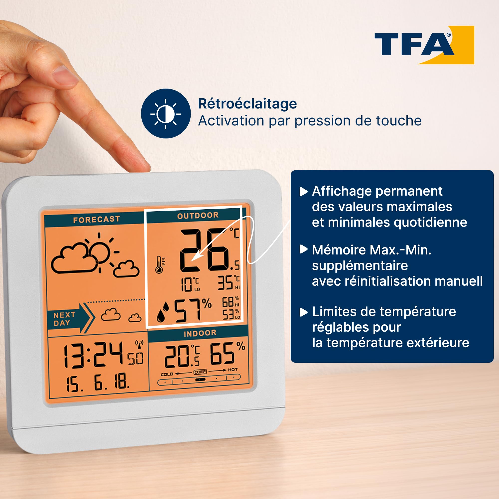 TFA Dostmann Station météo numérique SKY, 35.1152.02, Station météo avec capteur extérieur sans fil, Prévisions météo, Symbole forestier, Température intérieure/extérieure, blanc