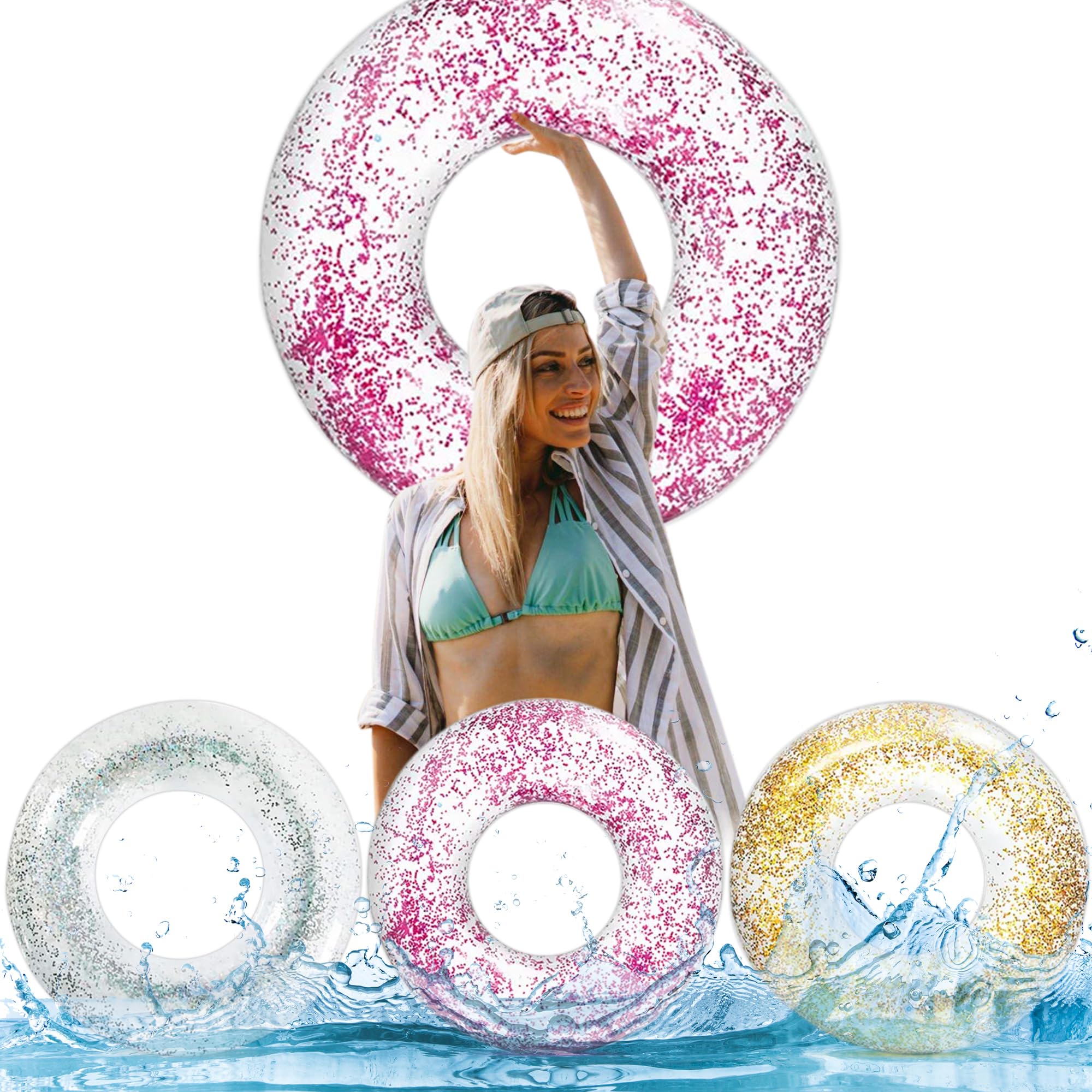 Pool Floats Rings, Inflatable Swimming Pool Floating Rings, Summer Fun Glitter Multicolor Swim Tube Pool Floaties, Summer Outdoor Floats 3 Pack
