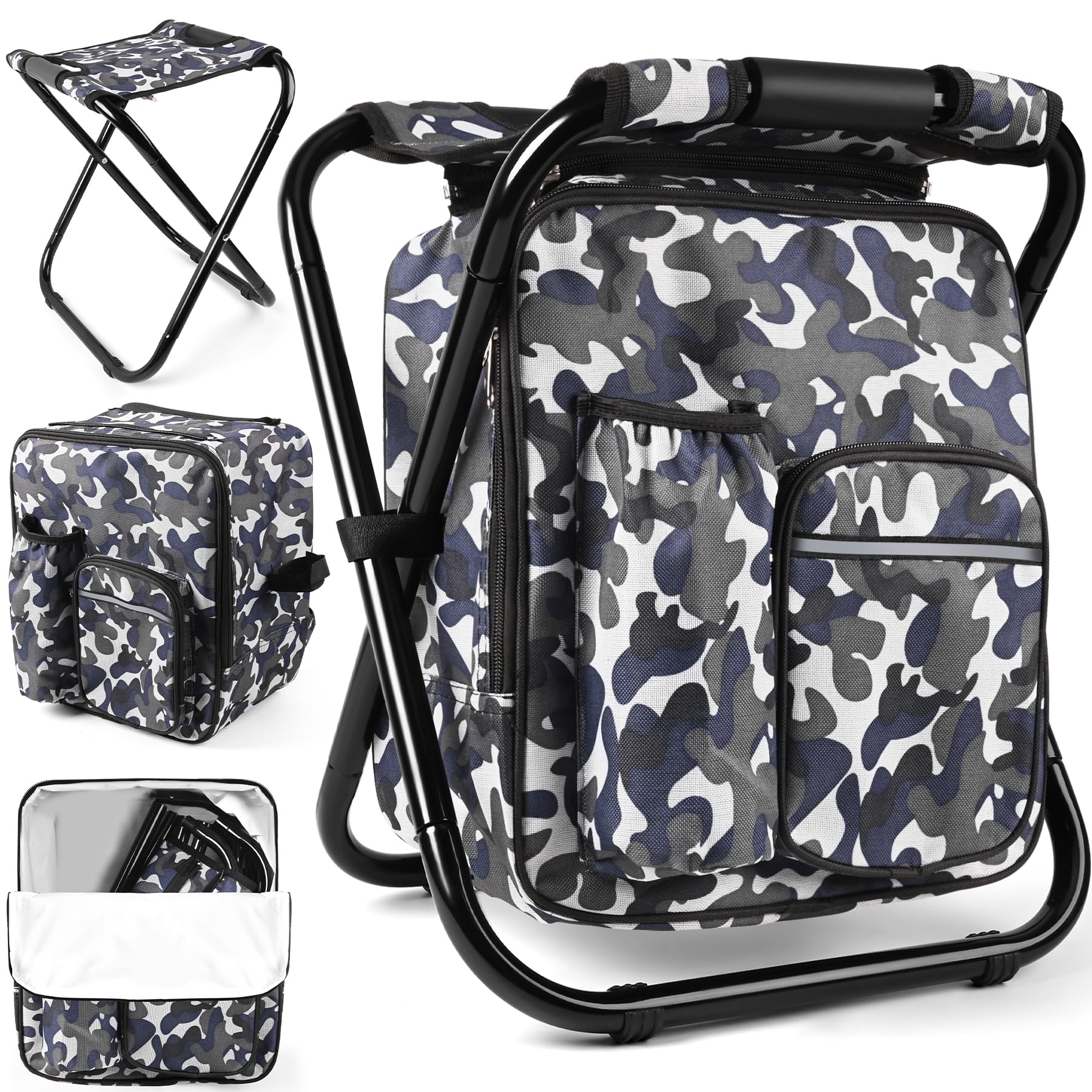 Kikerike Backpack Stool Cooler Chair Heavy Duty 200 LBS Max Load Portable Lightweight Stool Backpack Folding Fishing Cooler Seat for Camping Hunting Fishing - Arctic Camo