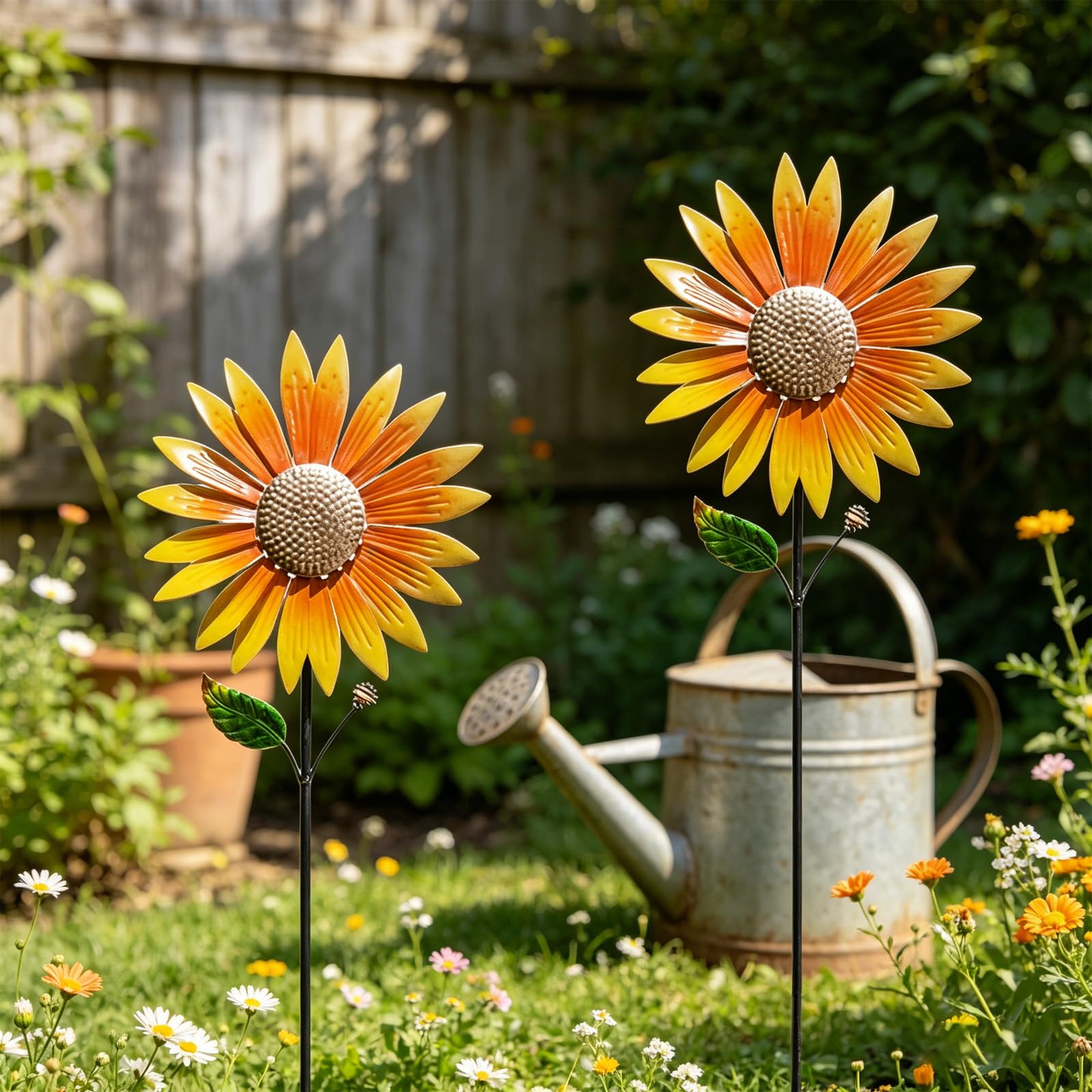 Ornamento da Giardino in Metallo Girasole,2 Pezzi Pali da Giardino a di Girasole,Girasoles a Vento in Metallo,Decorazione Giardinos,per Prato,Giardinos,Cortile Decorazione All'aperto