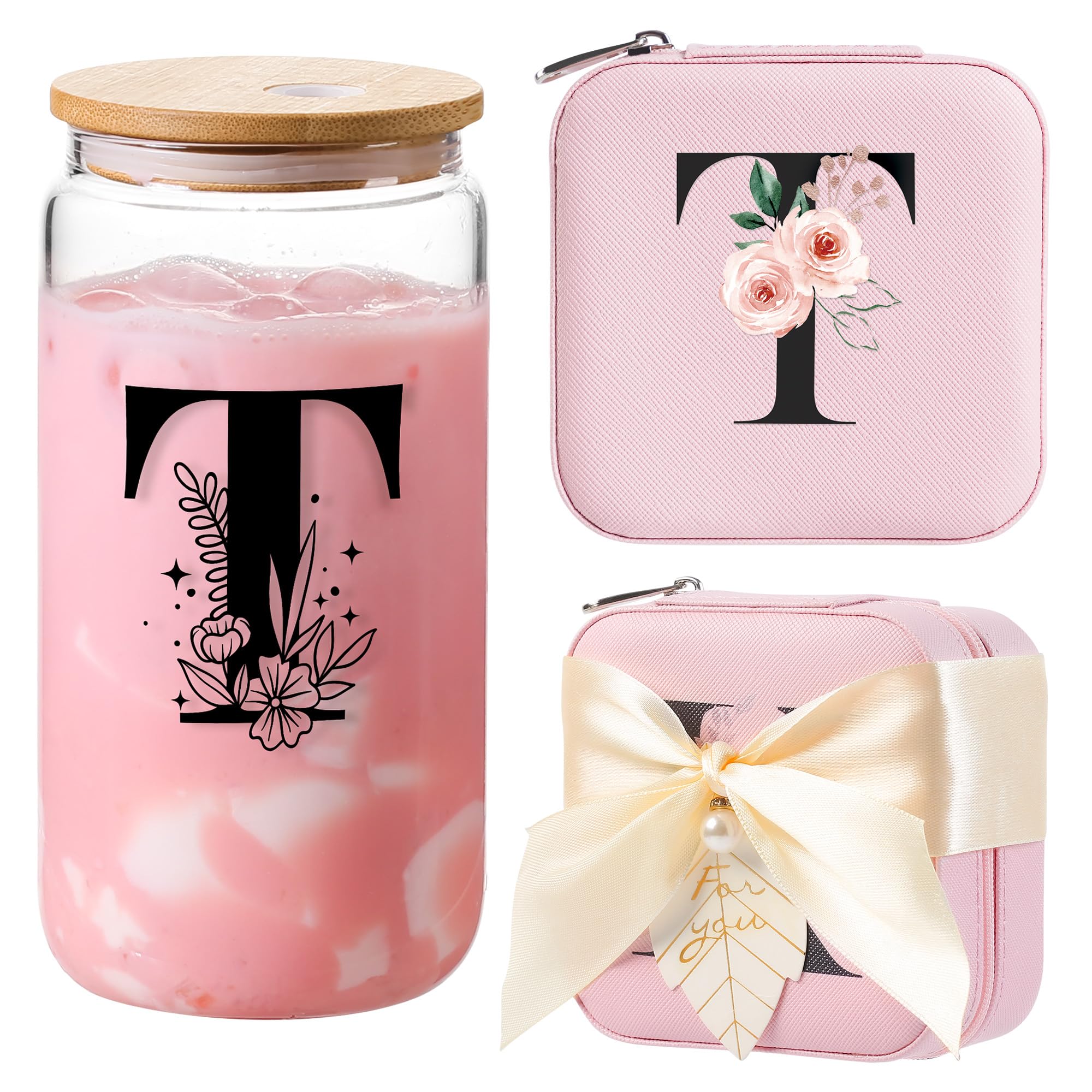 AYGXU Birthday &amp; Occasion Gifts for Women &amp; Girls - Glass Cup with Bamboo Lid &amp; Straw, Initial T Pink