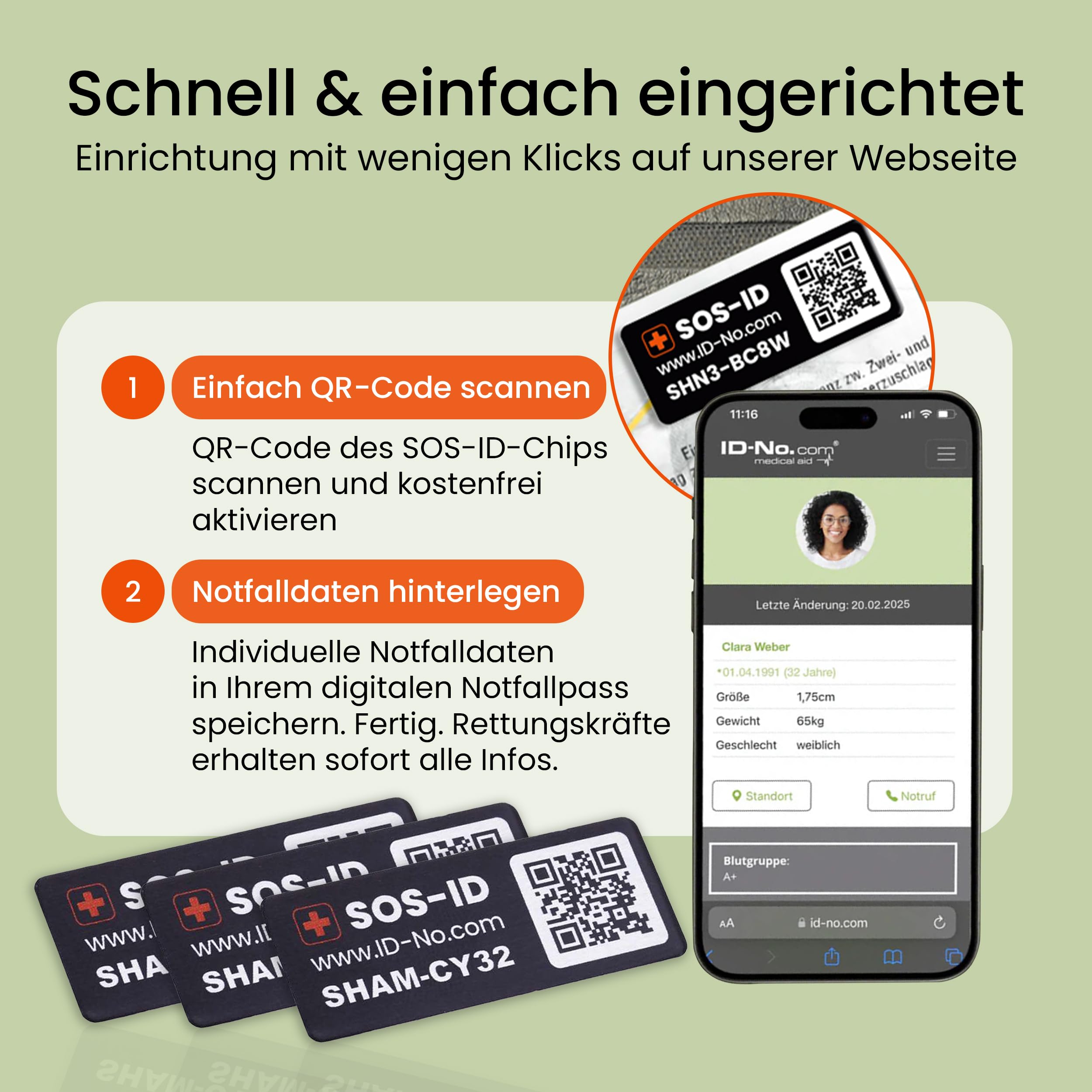 SOS-ID Label (3er-Set) – SOS-ID Etikett mit QR-Code – langlebiges & kratzfestes Klebelabel – schneller Zugriff auf wichtige Gesundheitsdaten für Ersthelfer oder Rettungskräfte