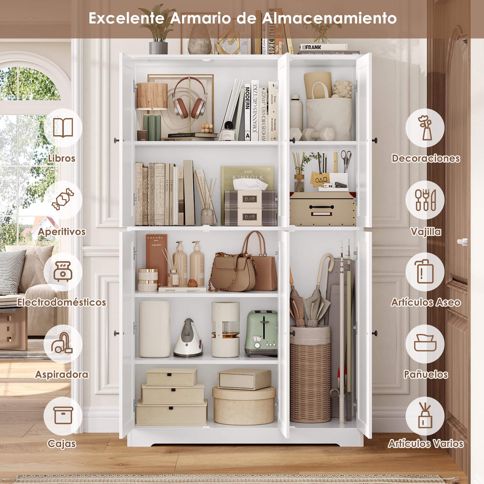 FirFurd Alacena Cocina, Armario Cocina Almacenaje, 6 Puertas | Muebles de Cocinas, Armario Despensa Cocinas, Estantes Ajustables, Blanco, 106x37x180cm