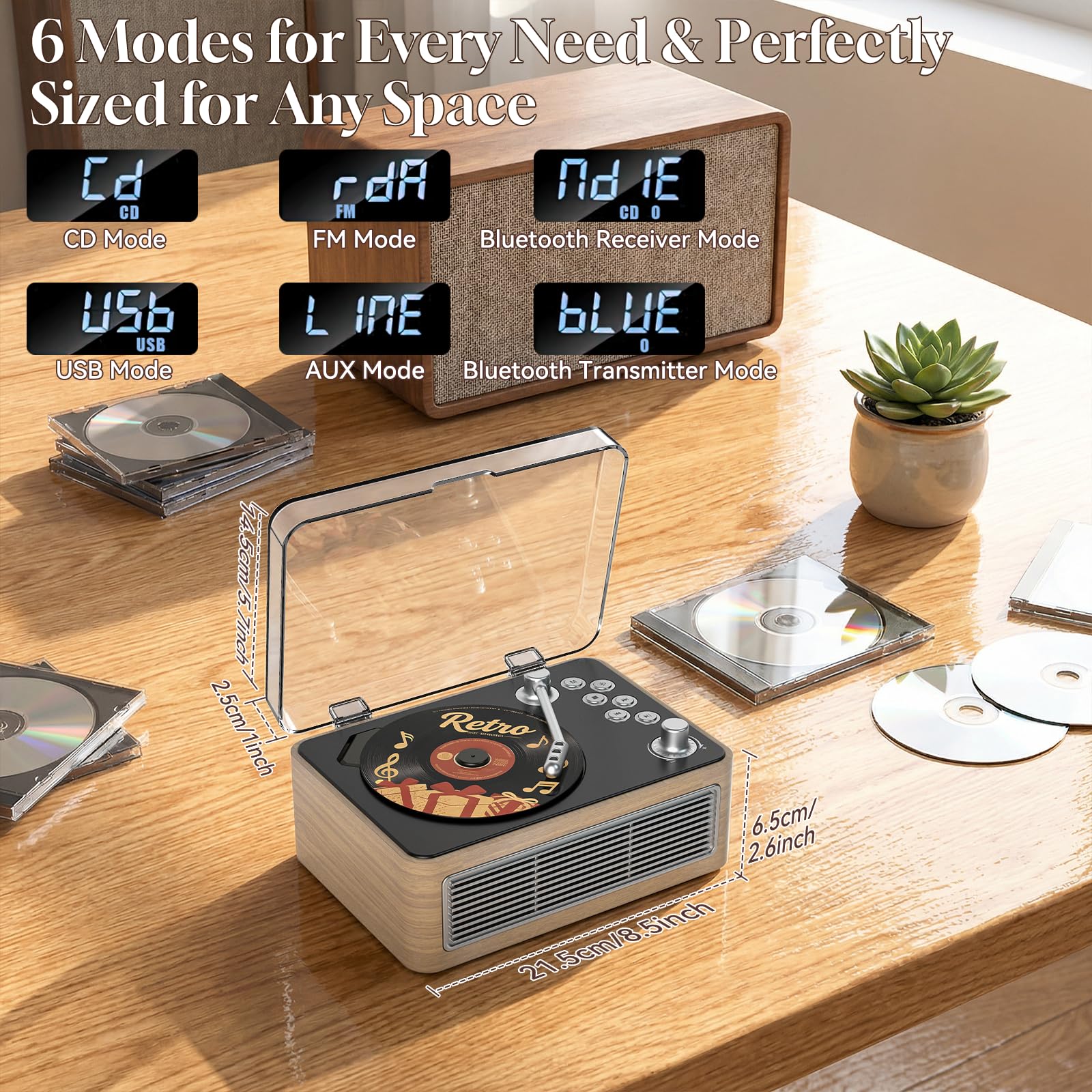 Gueray Lecteur CD Portable Bluetooth, Lecteur CD Rétro avec Haut-parleurs Batterie 3600 mAh Radio Télécommande, supporte la Lecture USB/AUX, Prise Casque, Chêne