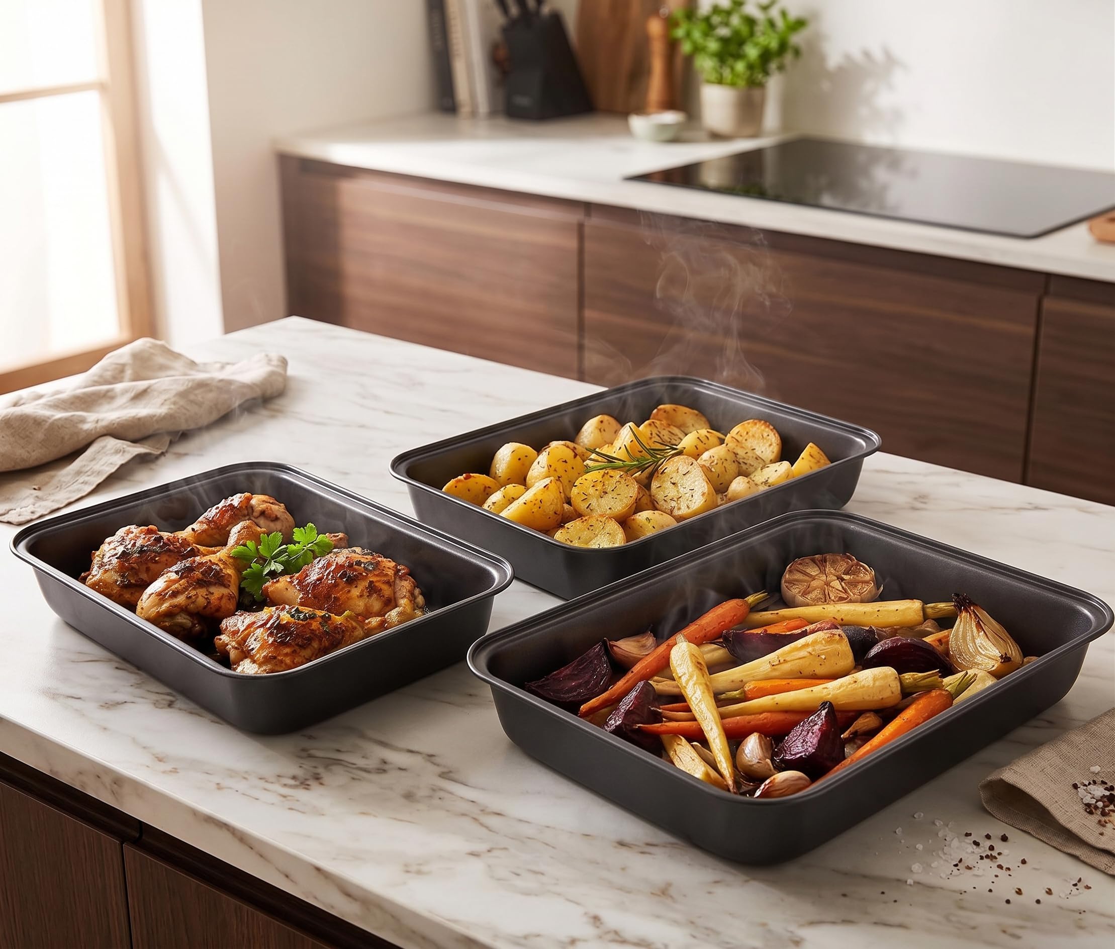 Set di 3 Teglie da Forno Antiaderenti in Acciaio al Carbonio - Cottura Uniforme e Facile Pulizia - Ideali per Lasagne, Arrosti e Verdure - Perfette per Famiglie e Meal Prep