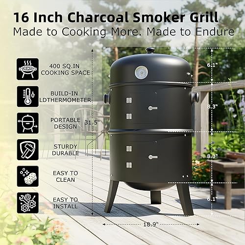 Miniatura 2 de Ahumador de carbón de 16 pulgadas, parrilla 3 en 1 para ahumar carne con termómetro y estantes de cocción duales, ahumador portátil para barbacoa al