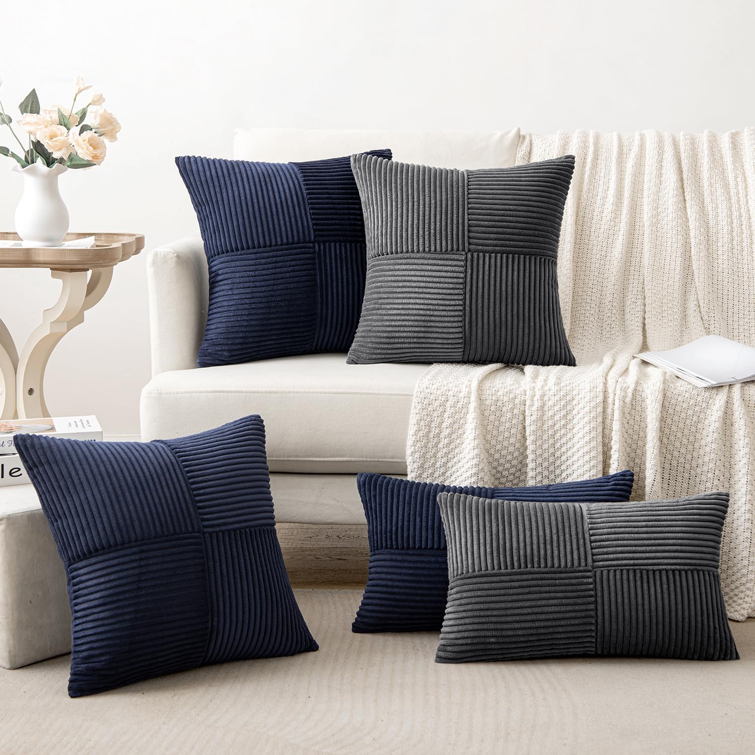 MIULEE Grey Decorative Throw Pillow Covers 20x20 Inch for Couch Bed Sofa Pack of 2 Boho Farmhouse Throw Pillows Soft Cross Corduroy Patchwork Textured Cushion Cases