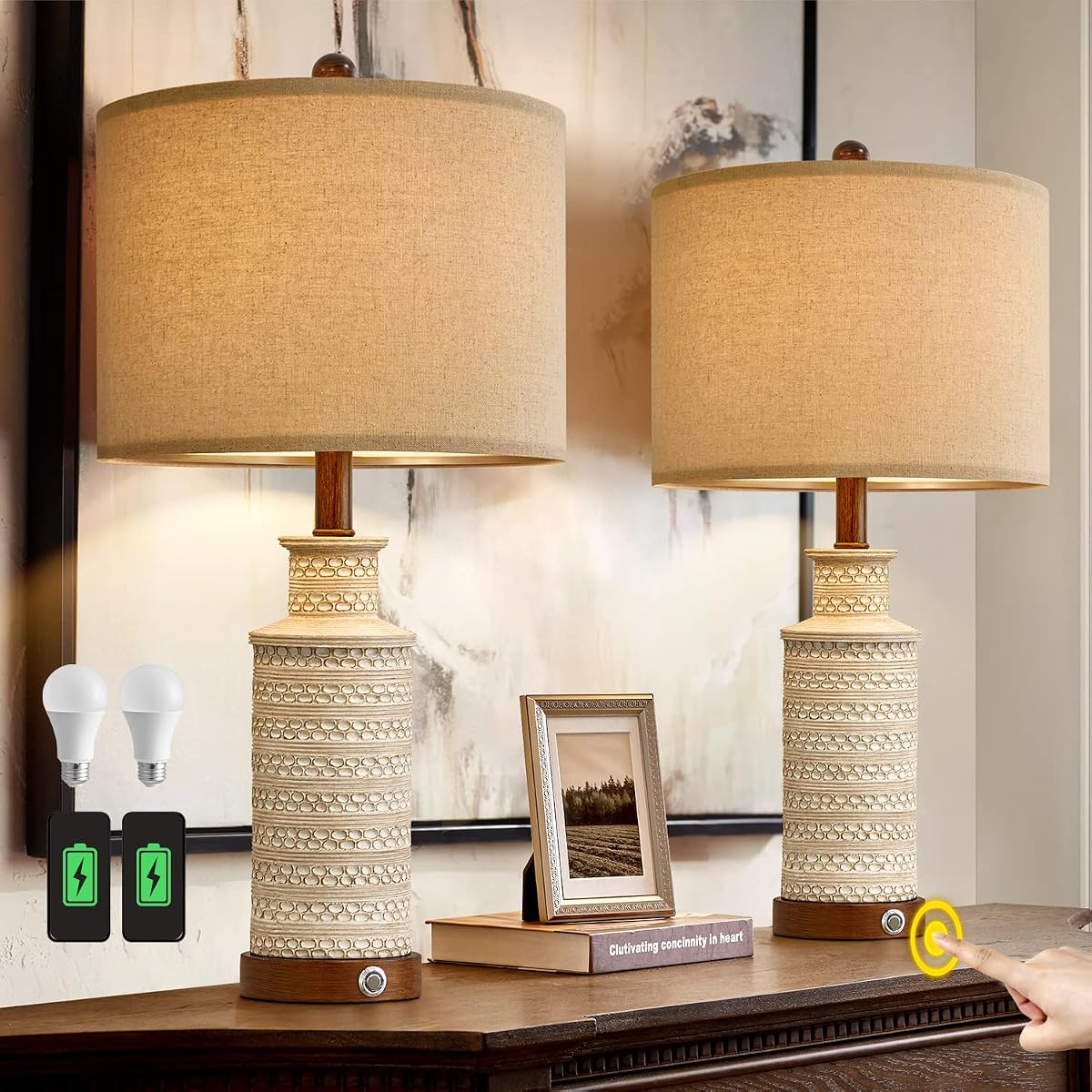Bobomomo 24.5'' 3-Way Dimmable Touch Control Table Lamp Set Of 2 With Dual Usb