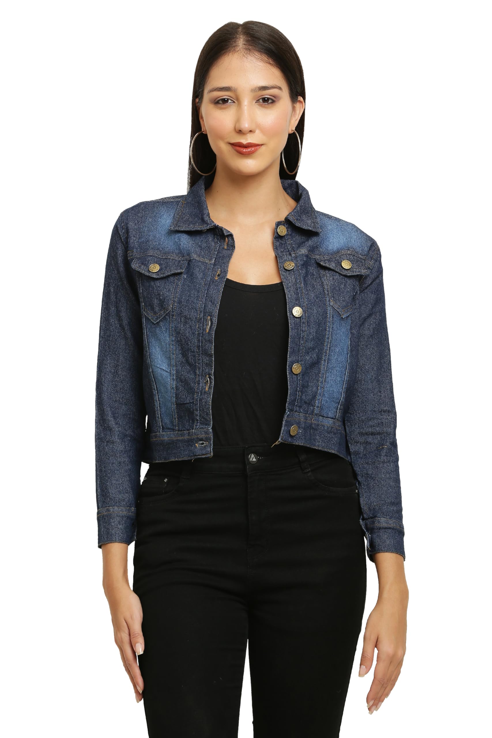 ACEOLA Women's Blue Washed Full Sleeves Buttoned Denim Embellished Cropped Jacket-picture-50