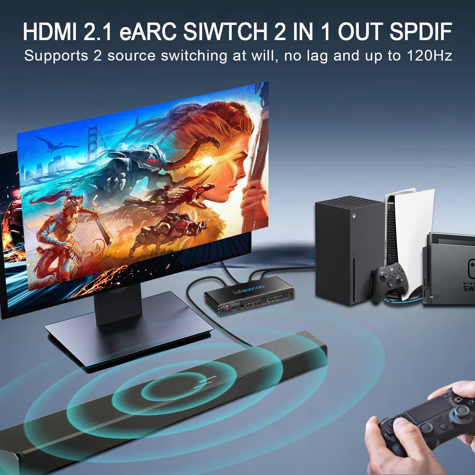 8K@60Hz 4K@120Hz HDMI 2.1 eARC Audio Extractor 2 in 1 Out HDMI Switch eARC 7.1Ch,ARC SPDIF 5.1Ch,VRR, ALLM, HDCP 2.3, HDR10, CEC Compatible with PS5, Xbox, AMD IR Remote Control EDID Management