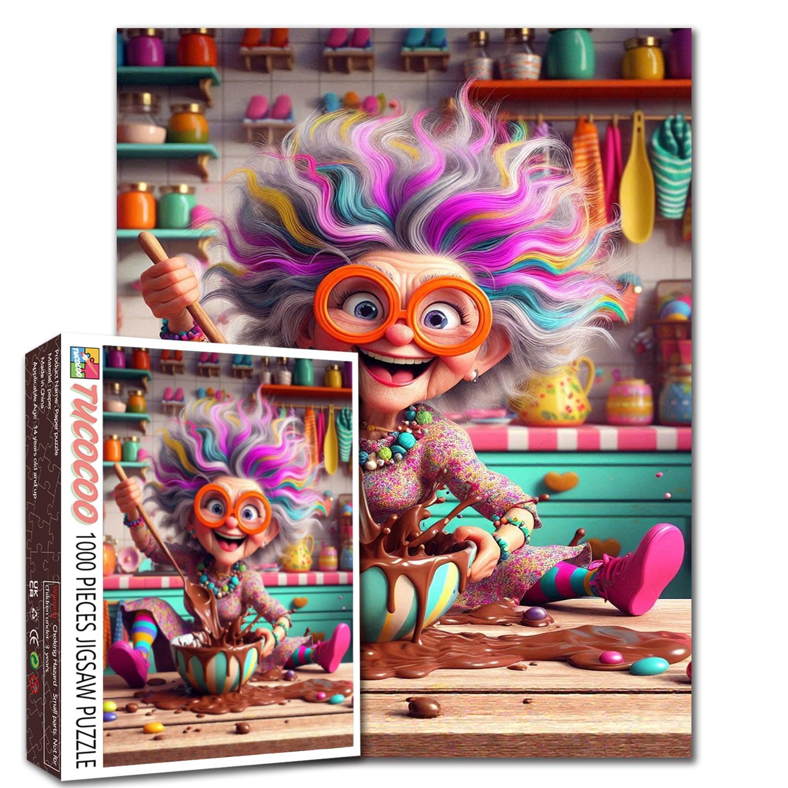 Grandma Baking Puzzles for Adults 1000 Pieces Colorful Kitchen Chaos Jigsaw Puzzles for Game Nights Rainbow Hair Jigsaw Puzzle for Challenging Family Activity Game DIY Craft Puzzle Home Decor Gifts — image 1