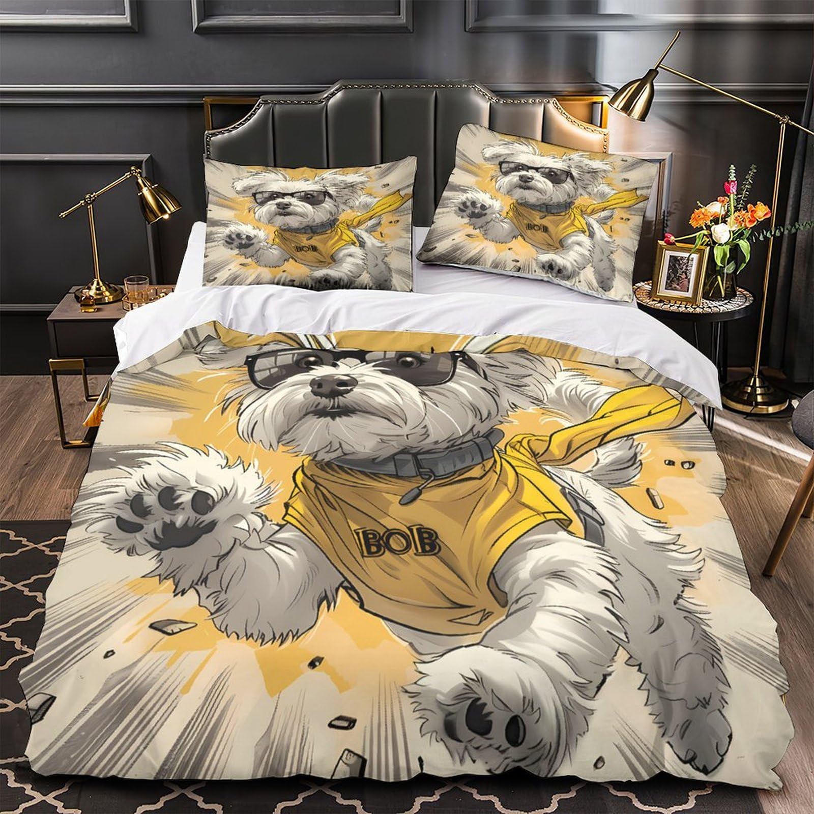 Housse de couette chien lunettes 140x200cm pour lit une place enfant et adulte