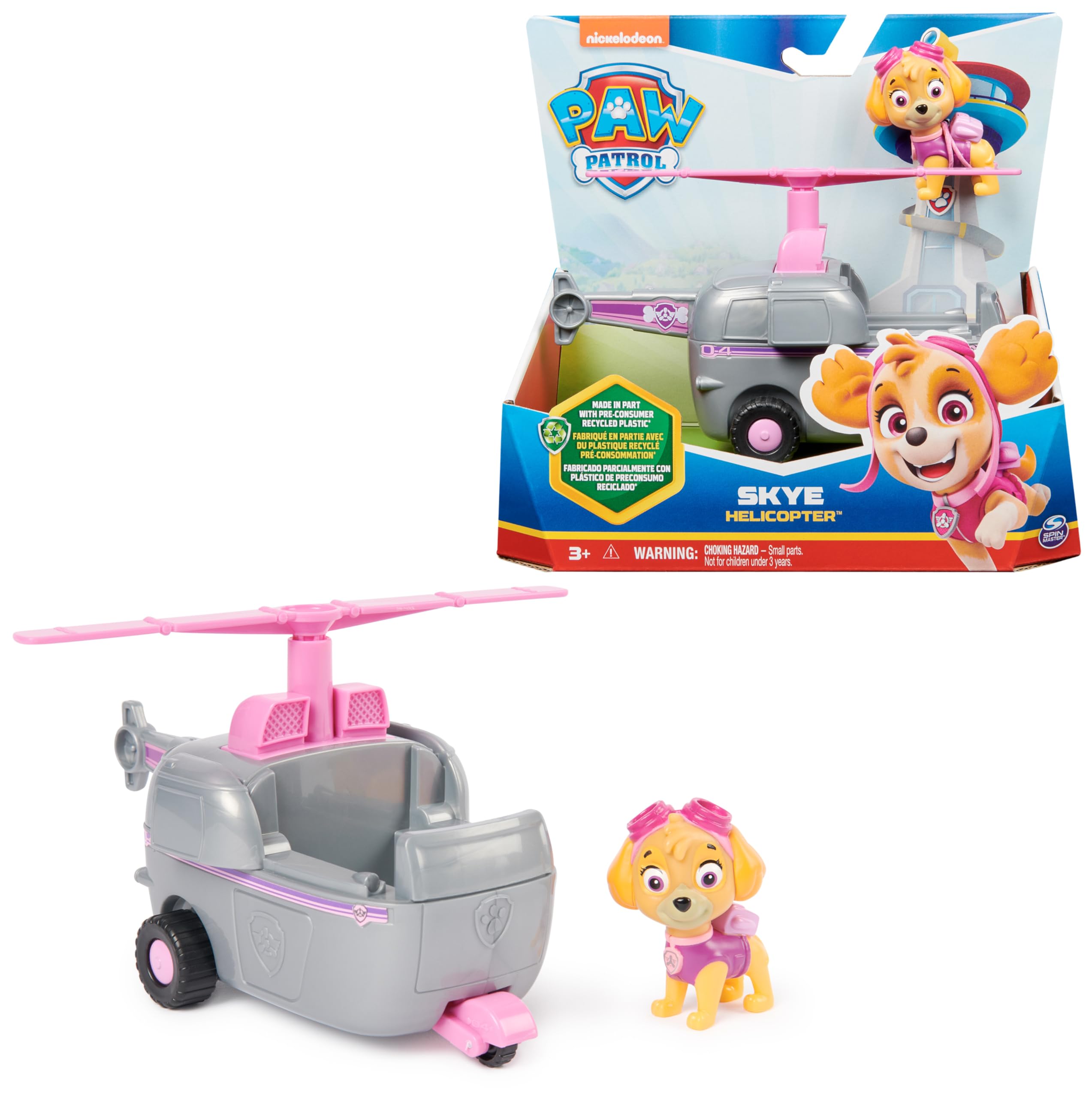 PAW PATROL, Recycling-Truck mit Rocky-Figur & Helikopter mit Skye-Figur (Sustainable Basic Vehicle/Basis Fahrzeug), Spielzeug für Kinder ab 3 Jahren