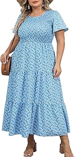 Womens Plus Size Long Maxi Dress with Pockets Floral Smocking Flutter Sl...