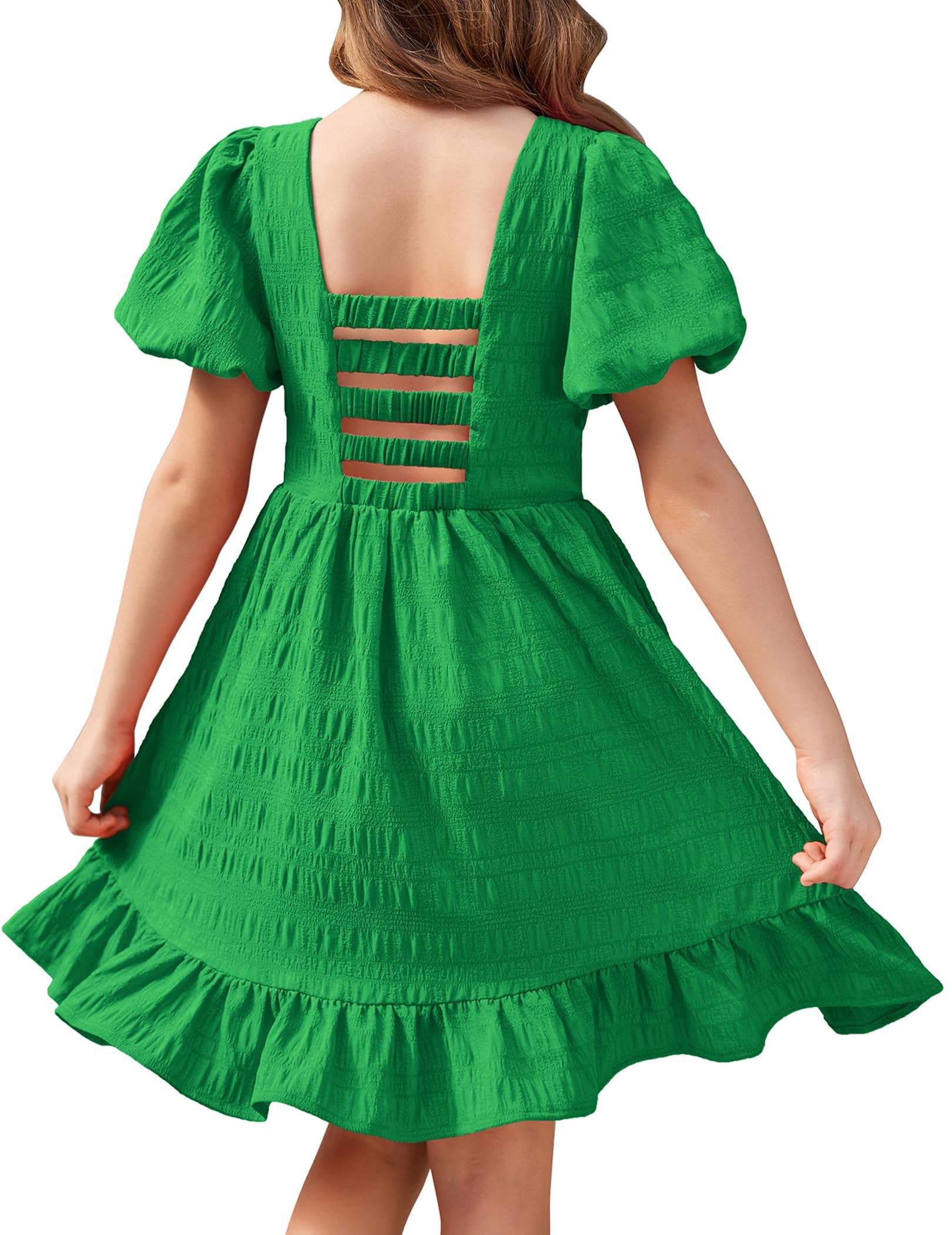 Arshiner Vestido de Princesa para Niñas Sin Espalda Puff Manga Corta Niños Elegante Desfile Vestidos de Fiesta de Cumpleaños Cuello Cuadrado Dobladillo con Volantes 5-16 Años