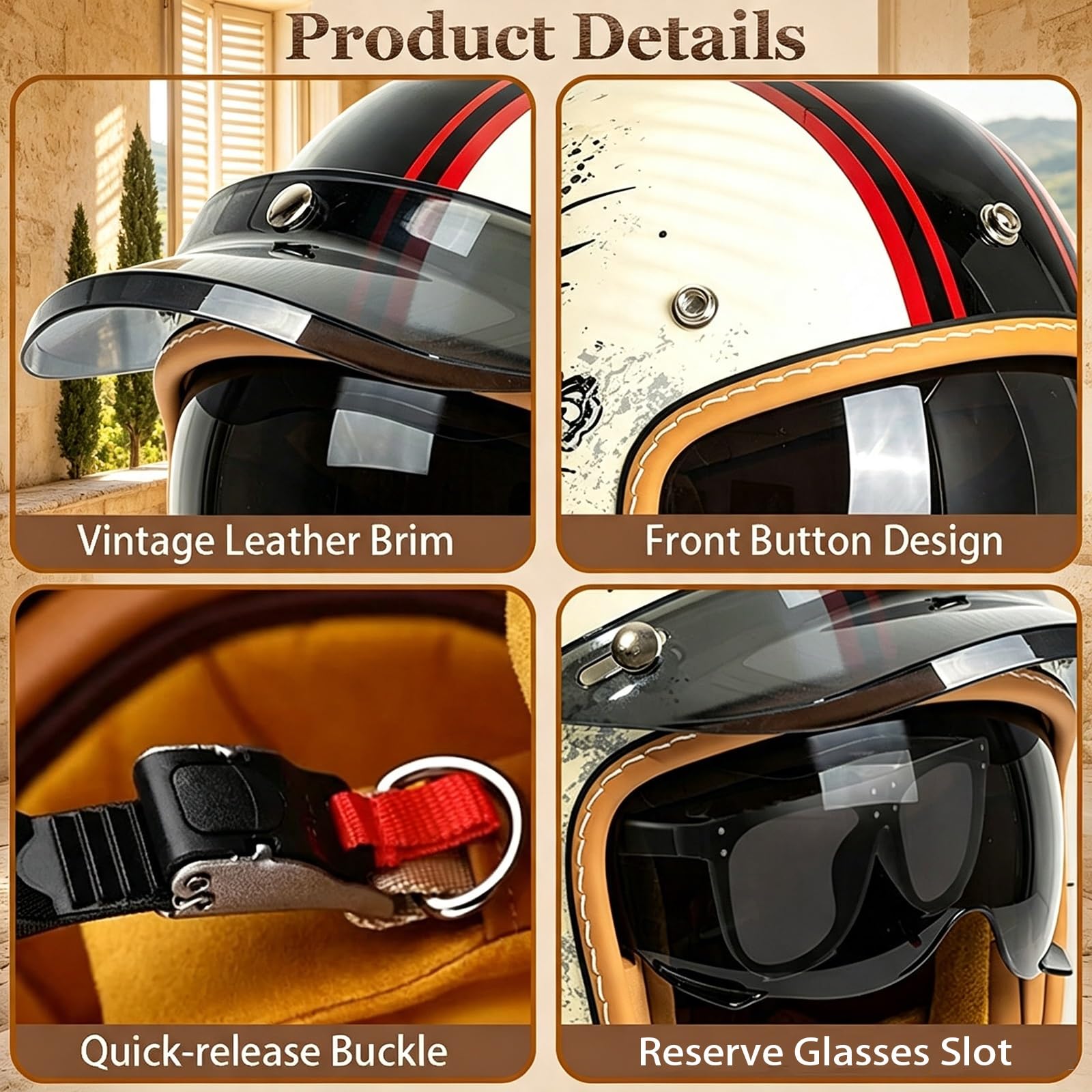 Rebel Casco Jet Moto, Casco Aperto Retrò Vintage