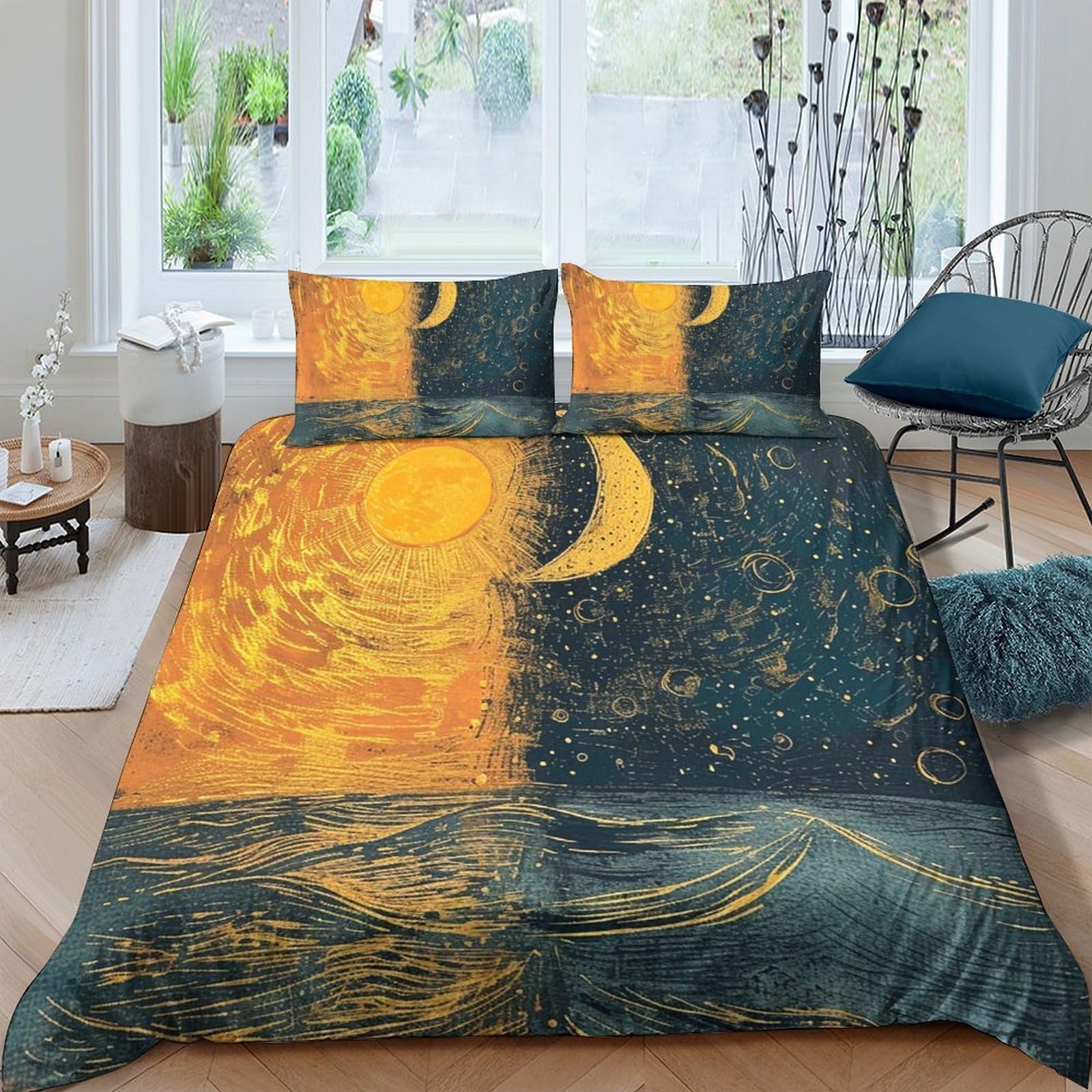 Ctjqhvkz Style-8 3D Printed Sun Moon Ocean Fitted Sheet Microfiber Breathable Night Sky Mattress Cover Bedroom Decor Single（135X200cm）