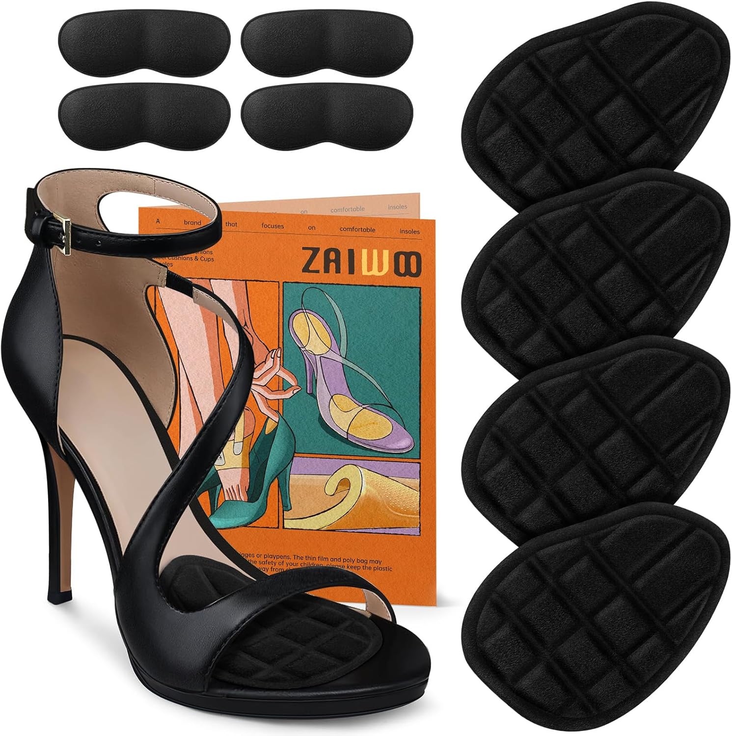 Metatarsal Pads Women, Ball of Foot Cushions, High Heel Inserts, All Day Pain Relief and Comfort, No Slip Heel Grips Liners Shoe Pads for Loose Shoe(Black)