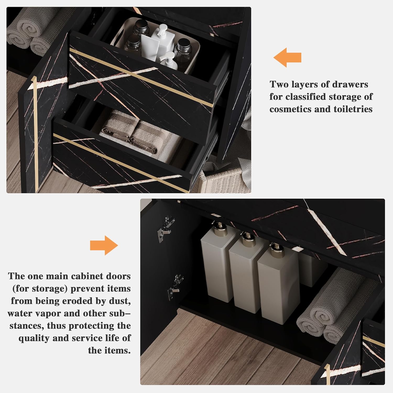 36 inch Modern Floating Bathroom Vanity with Ceramic Sink, Wall Mounted Bathroom Cabinet with Faux Marble Countertop, Soft Closing Doors & 2 Storage Drawers for Small Space, Black