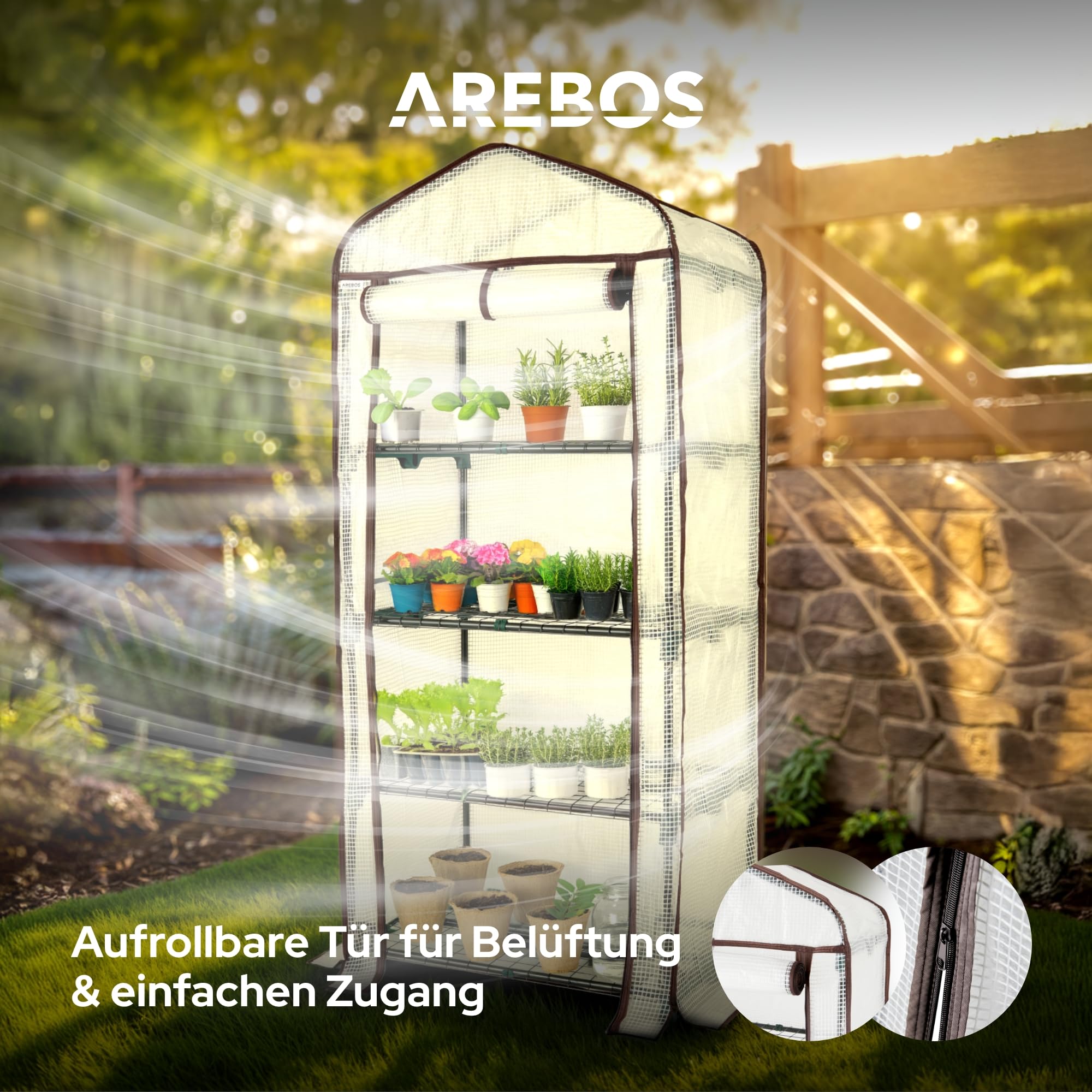 Arebos Premium Foliengewächshaus Gewächshaus mit 4 Etagen - 70 x 50 x 158 cm Treibhaus mit 4 Regalen - Platzsparend, Hochwertiges Anzuchthaus Garten Balkon Stabil & Einfach zu Montieren