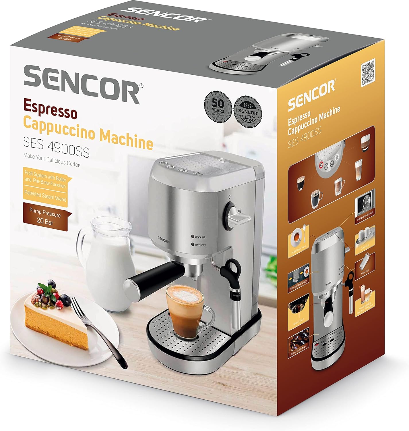 Sencor, Cappuccino e Latte, Pompa Italiana da 20 bar e Schiumatore per Latte, Macchina per caffè Espresso a Grani con Thermoblock e Beccuccio Vapore Brevettato, Barista Express Sencor, Cappuccino e Latte, Pompa Italiana da 20 bar e Schiumatore per Latte, Macchina per caffè Espresso a Grani con Thermoblock e Beccuccio Vapore Brevettato, Barista Express