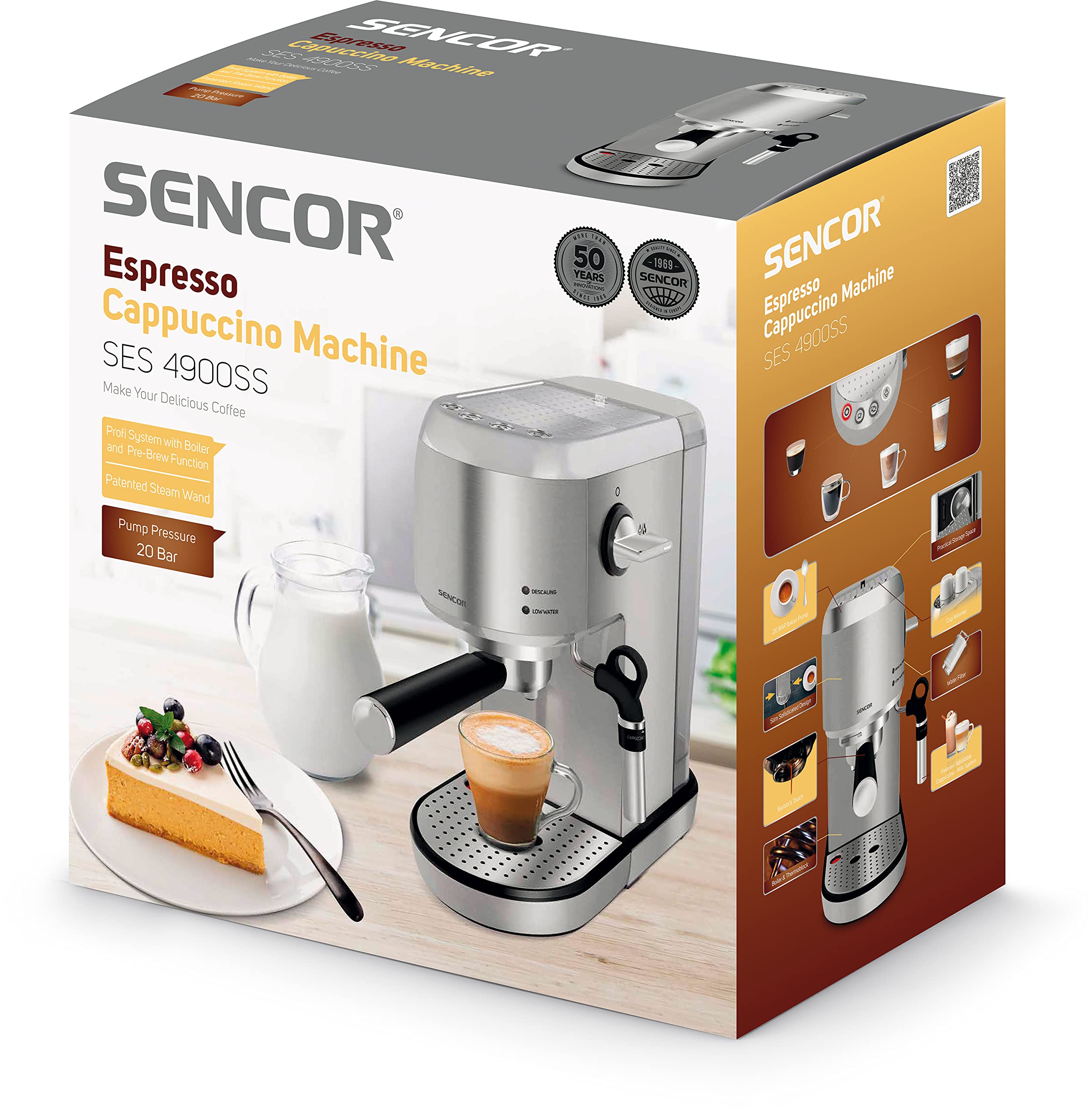 SENCOR Ekspres do espresso, cappuccino i latte, kawa zbożowa, włoska pompa 20 barów i spieniacz do mleka, ekspres do kawy espresso, termoblok, z opatentowaną dyszą parową, Barista Express