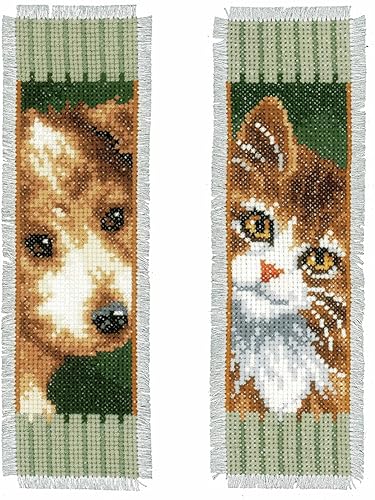 Vervaco Juego de marcapáginas de punto de cruz (juego de 2) Gato y Perro I 2.4" x 8"