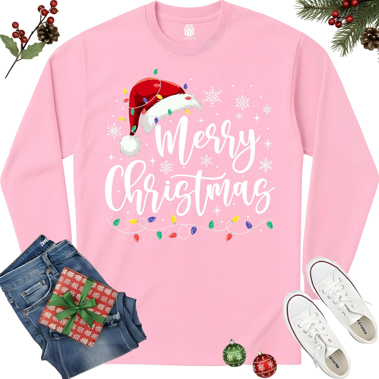 Merry Christmas Lights Red Santa Hat Family Matching Xmas Squad T-Shirt for Men Women Kids Funny Gift for Dad Mom