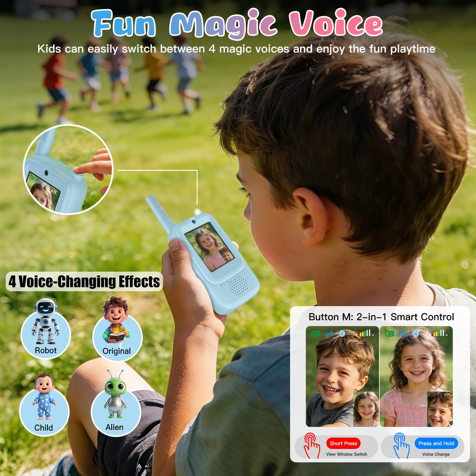 ZealSound Talkie Walkie Enfant Vidéo, Lot de 2 Rechargeables, 3 Effets Vocaux, Portée 200–300 m, Jouet Outdoor pour Filles et Garçons 3–12 Ans, Camping, Jardin, Cadeau Enfant, Q8 Bleu/Rose