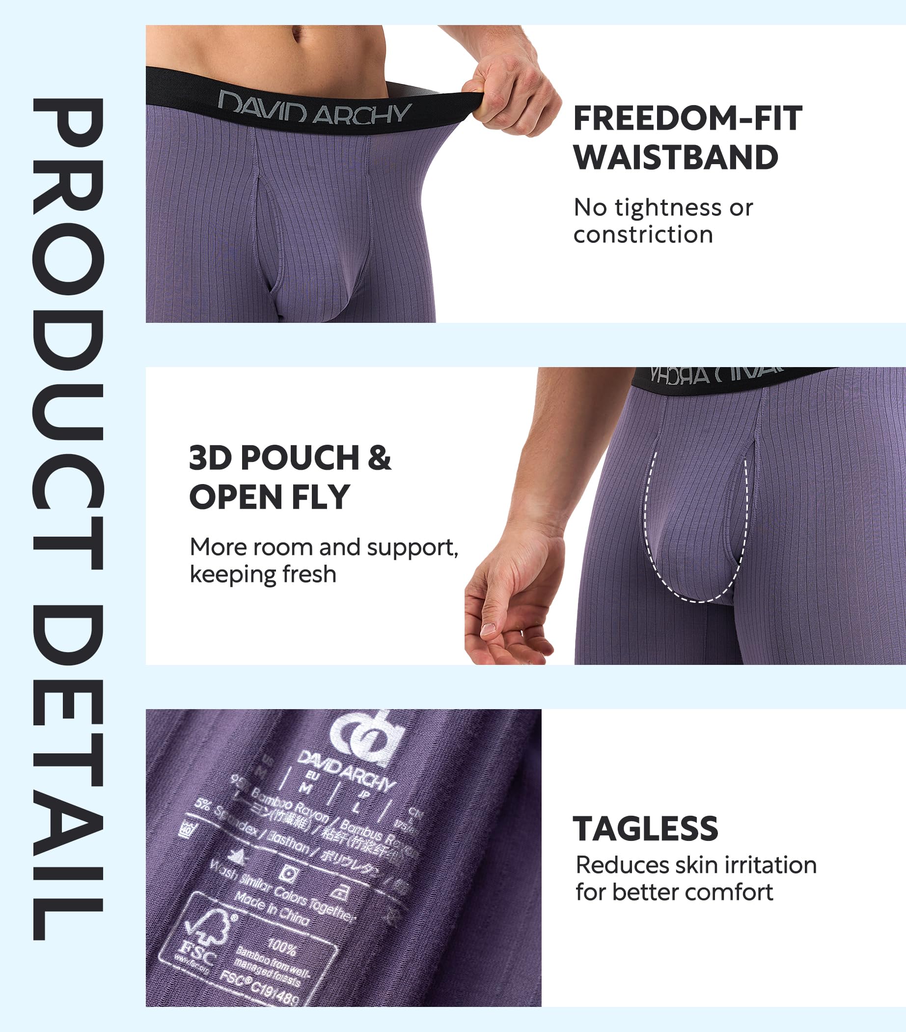 DAVID ARCHY Calzoncillos tipo bóxer transpirables de rayón hechos de bambú para hombre, paquete de 4 con bragueta