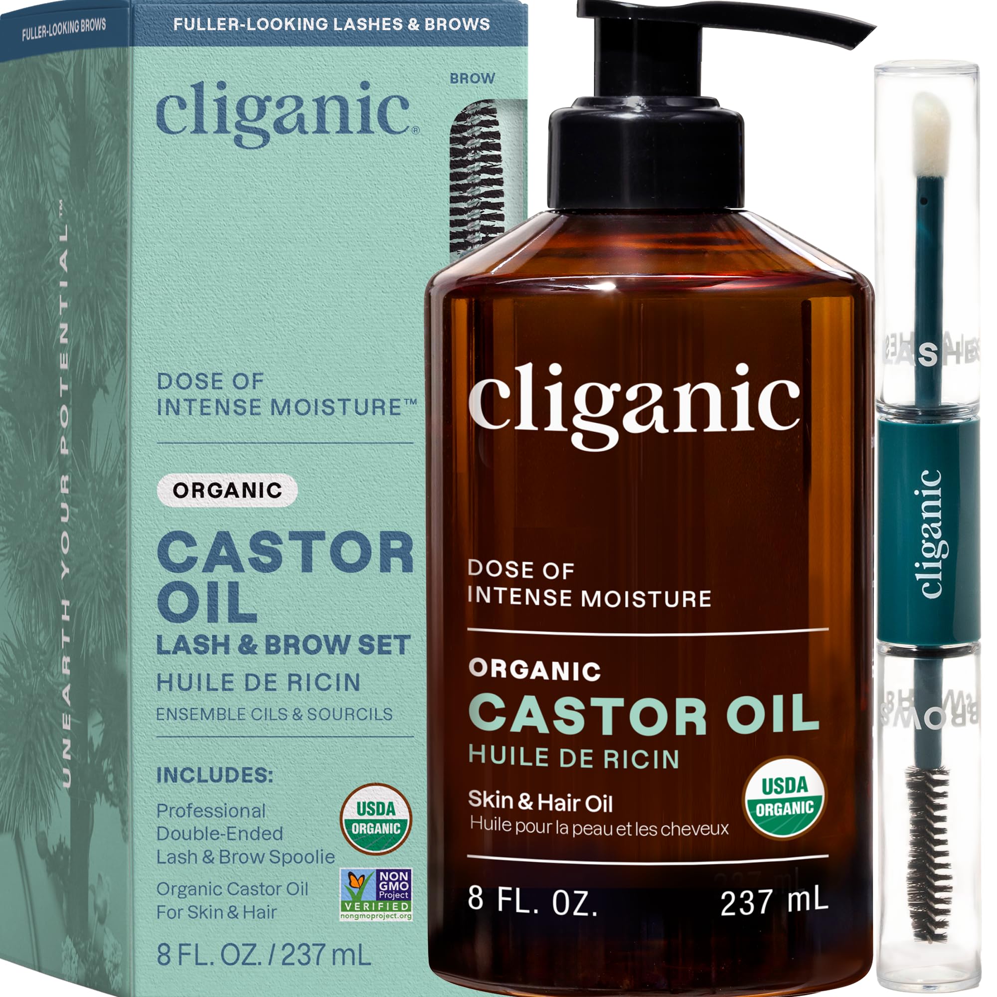Cliganic USDA Organic Castor Oil, 100% Pure (8oz with Eyelash Kit) - For Eyelashes, Eyebrows, Hair & Skin | Natural Cold Pressed Unrefined Hexane-Free