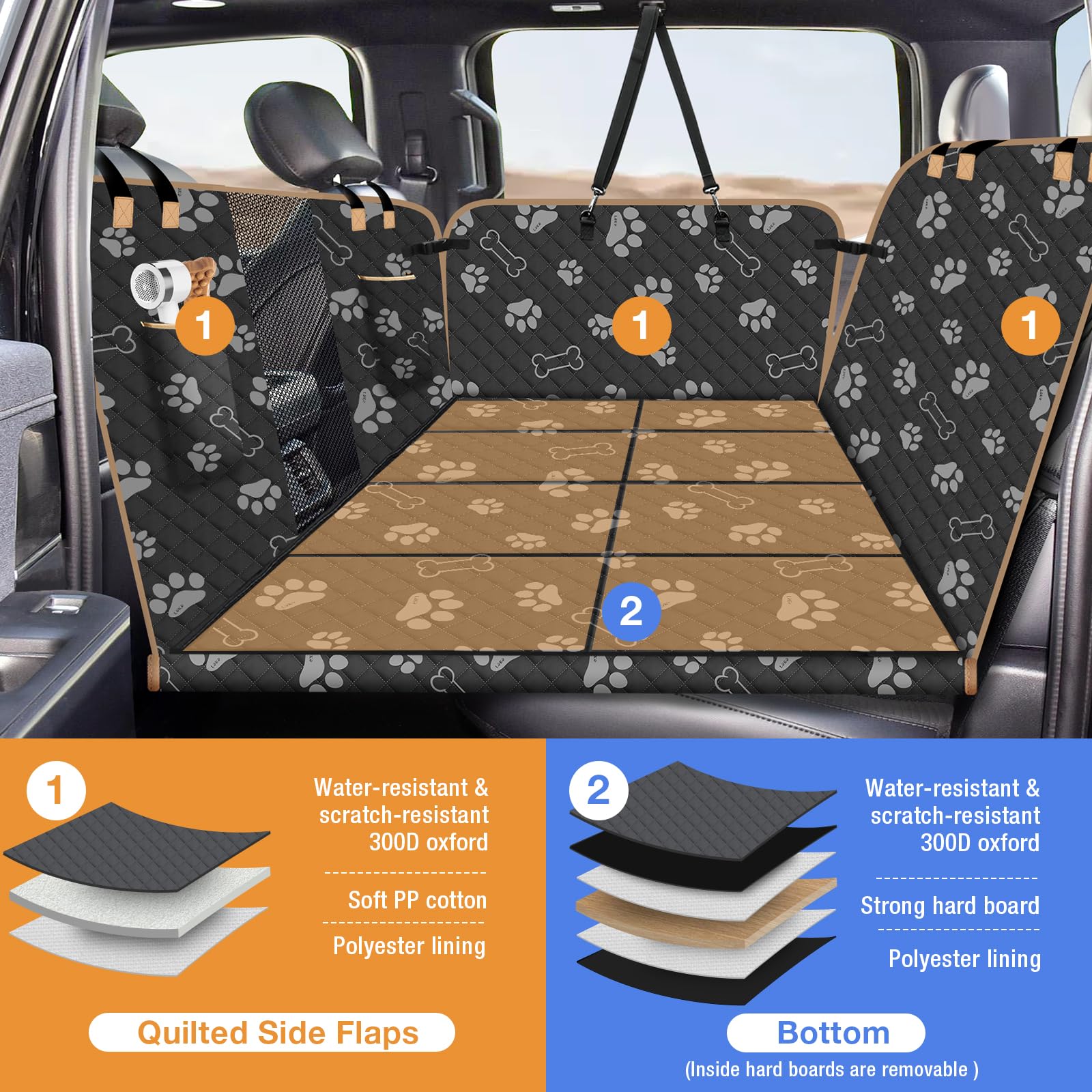 Lekespring Coprisedile Auto per Cani con Fondo Rigido, Coprisedile Sedili Posteriori per Cani per Camion, Grande Telo Auto per Cani con Estensore, per Amaca da Viaggio, Camion, Auto, SUV, Impronte